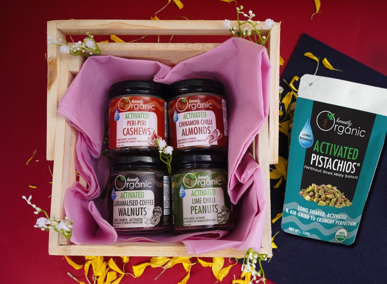 D-Alive Special Festival Hamper (Activated Peri Peri Cashews 100g + Activated Caramelised Coffee Walnuts 75g + Activated Cinnamon Chilli Almonds 100g + Activated Lime Chilli Peanuts 100g + Activated Pistachios 150g) - 525g (Diabetes Friendly, Organic, No Gluten, No Sugar, Vegan, Natural)