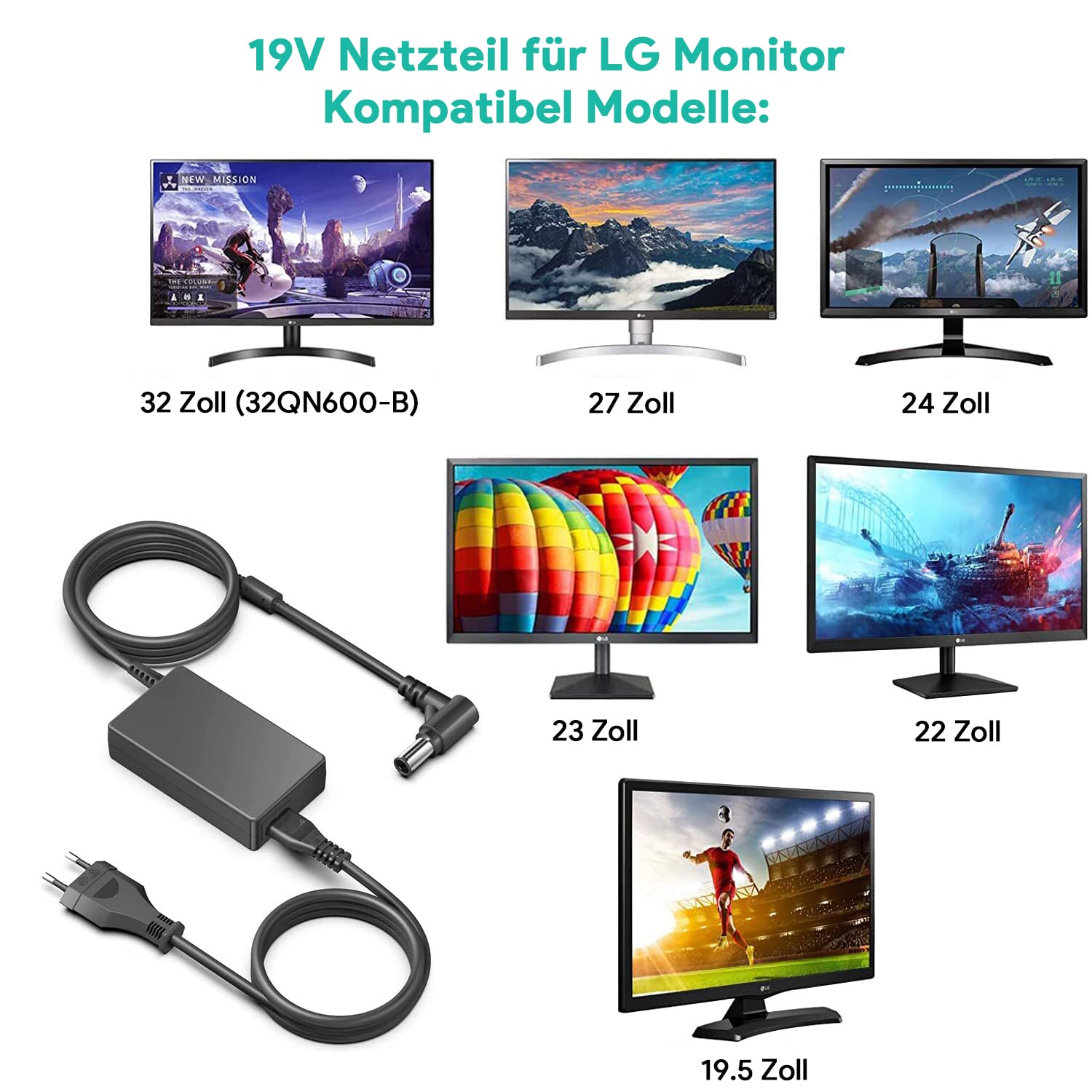 HKY 65W Caricabatterie 19V 3,42A Per Monitor LG: Adattatore Alimentatore Con Connettore 6,5x4,4 Mm Per LG 19''-34'' LED LCD (EN33, EA53, UM57, 27UD68-W) - 3
