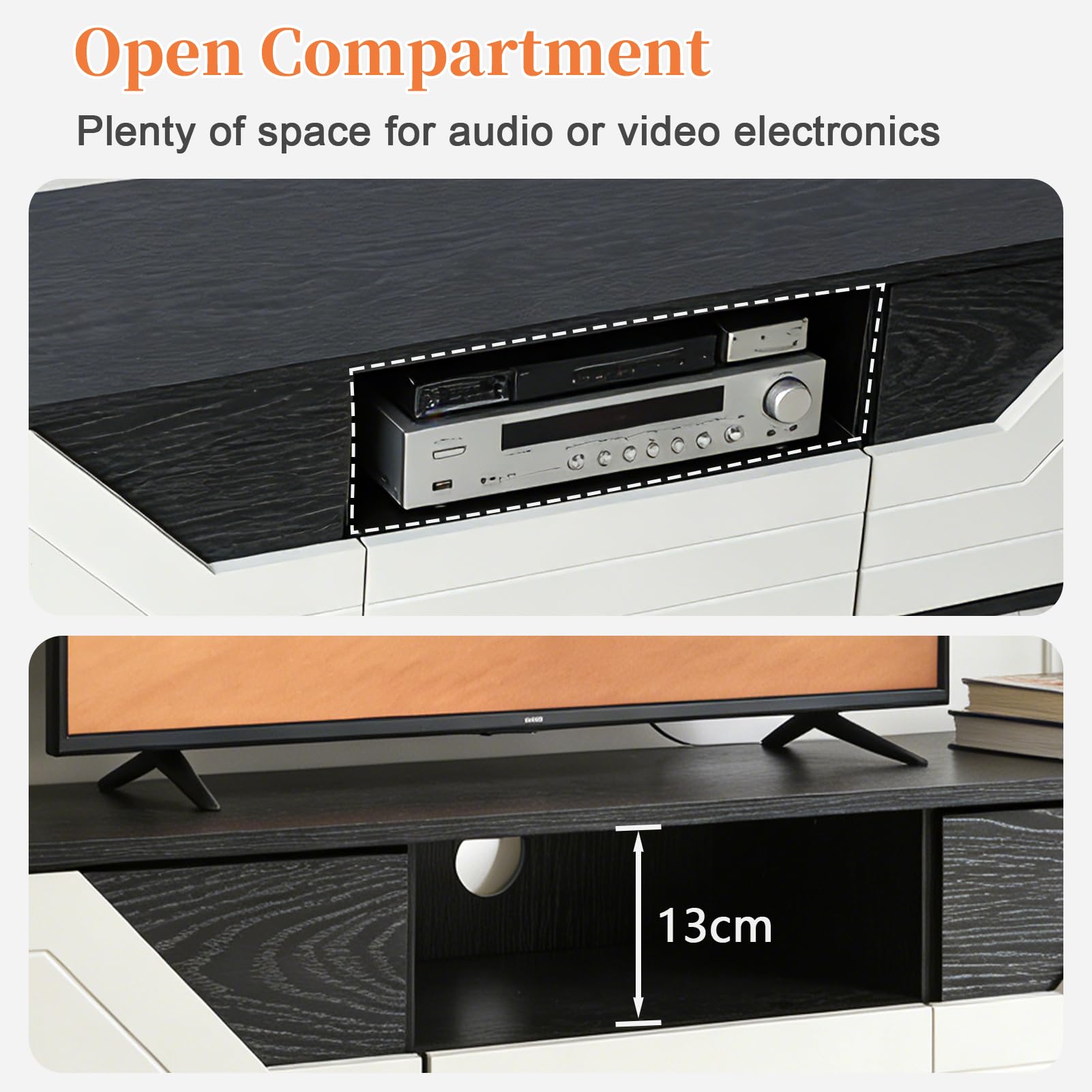 TV Lowboard Stehend 120cm, TV Schrank mit 2 Türen, TV Board für Fernseher bis zu 50 Zoll, Fernsehschrank mit Schublade und offenem Fach für Wohnzimmer und Schlafzimmer, Schwarzweiß