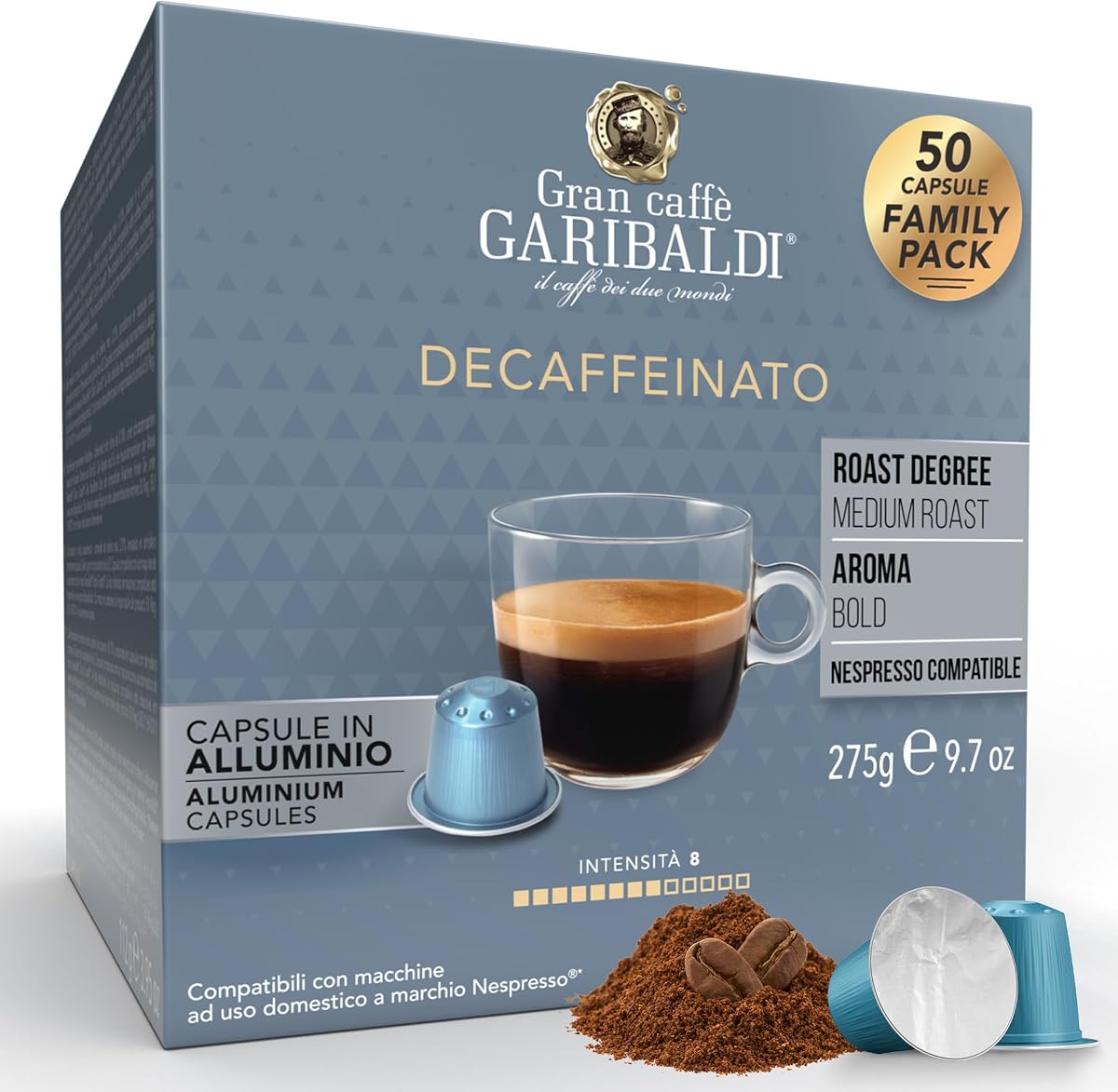 Gran Caffè Garibaldi Espresso Pods, Decaffeinato, 50Count | Italian Roasted Coffee, Decaf Capsules, Intense & Rich Aroma - 50 Aluminum Cups
