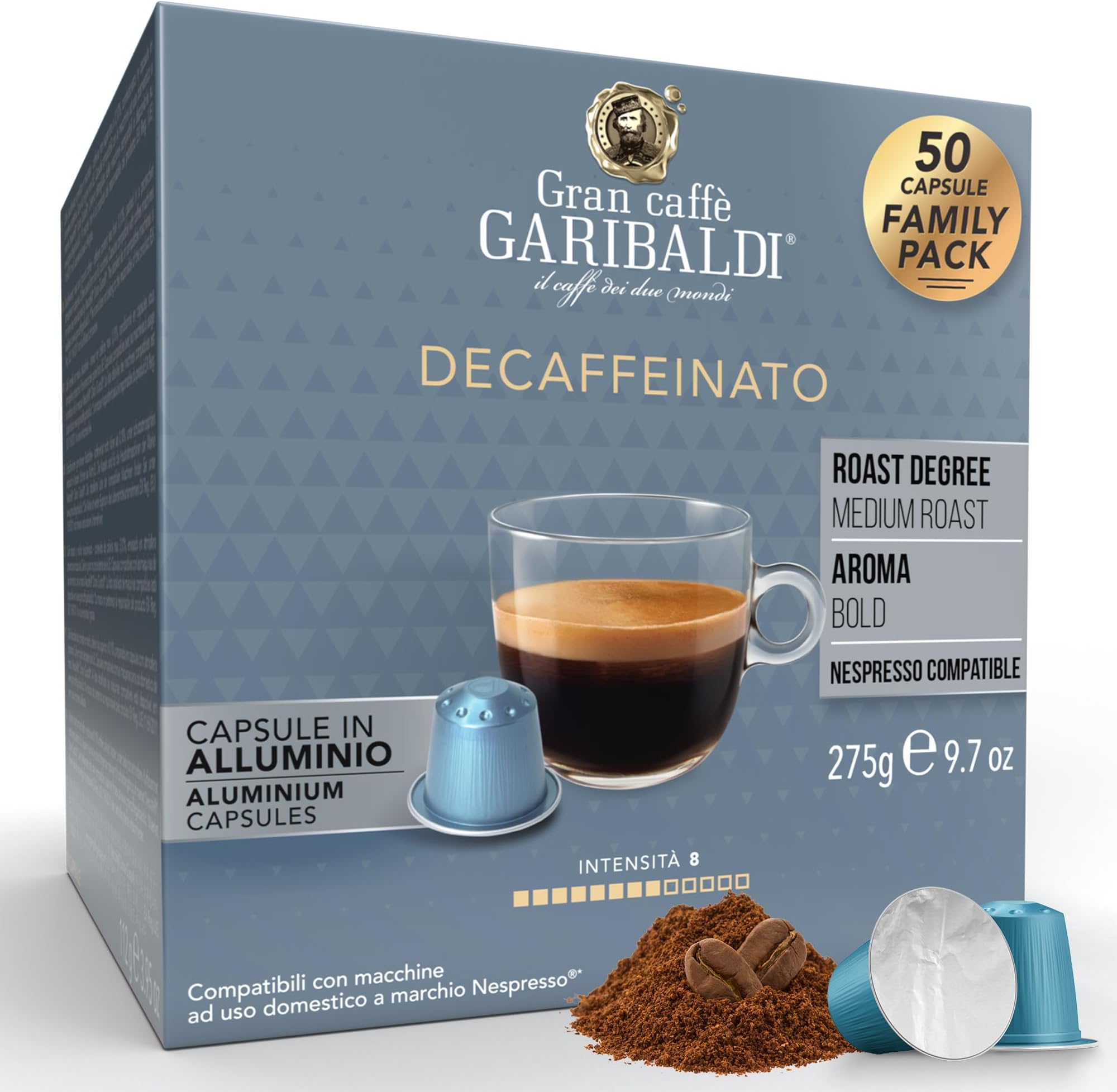 Gran Caffรจ Garibaldi Decaffeinated Espresso Pods, Italian Roast Coffee, Decaf Capsules Compatible with Nespresso Original Line Machines, Nitrogen Flushed, Intense & Rich Aroma - Decaffeinato (Aluminum) 50 Cups