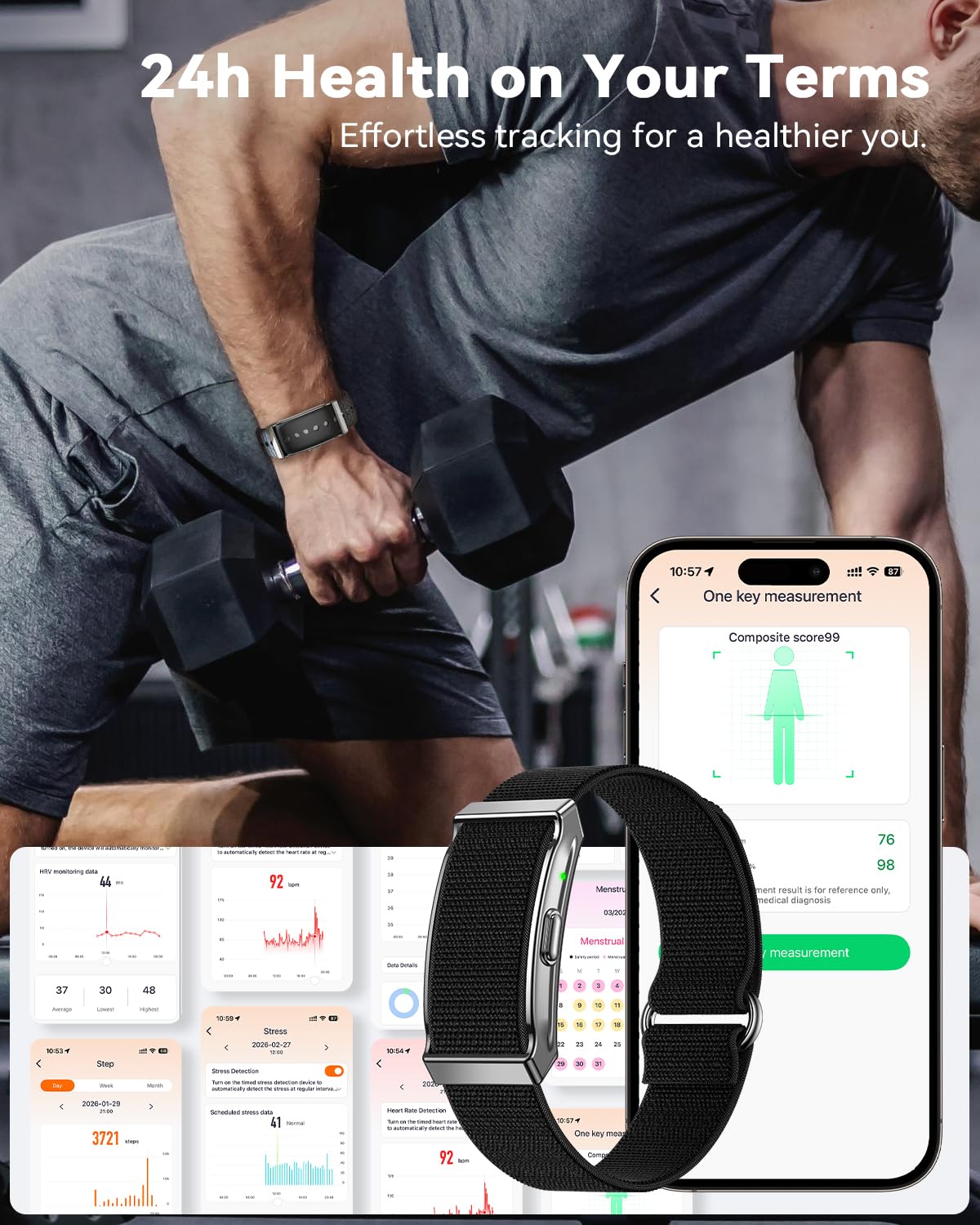 Fitness Tracker ohne Display Smart Band, 24/7 Aktivitäts Schlaftracker mit Herzfrequenz Menstruationszyklus SpO2, Schrittzähler mit 35 Tage Akku, 120+ Sportmodi, KI-Analyse, IP68 Wasserdicht, Kein ABO - 2