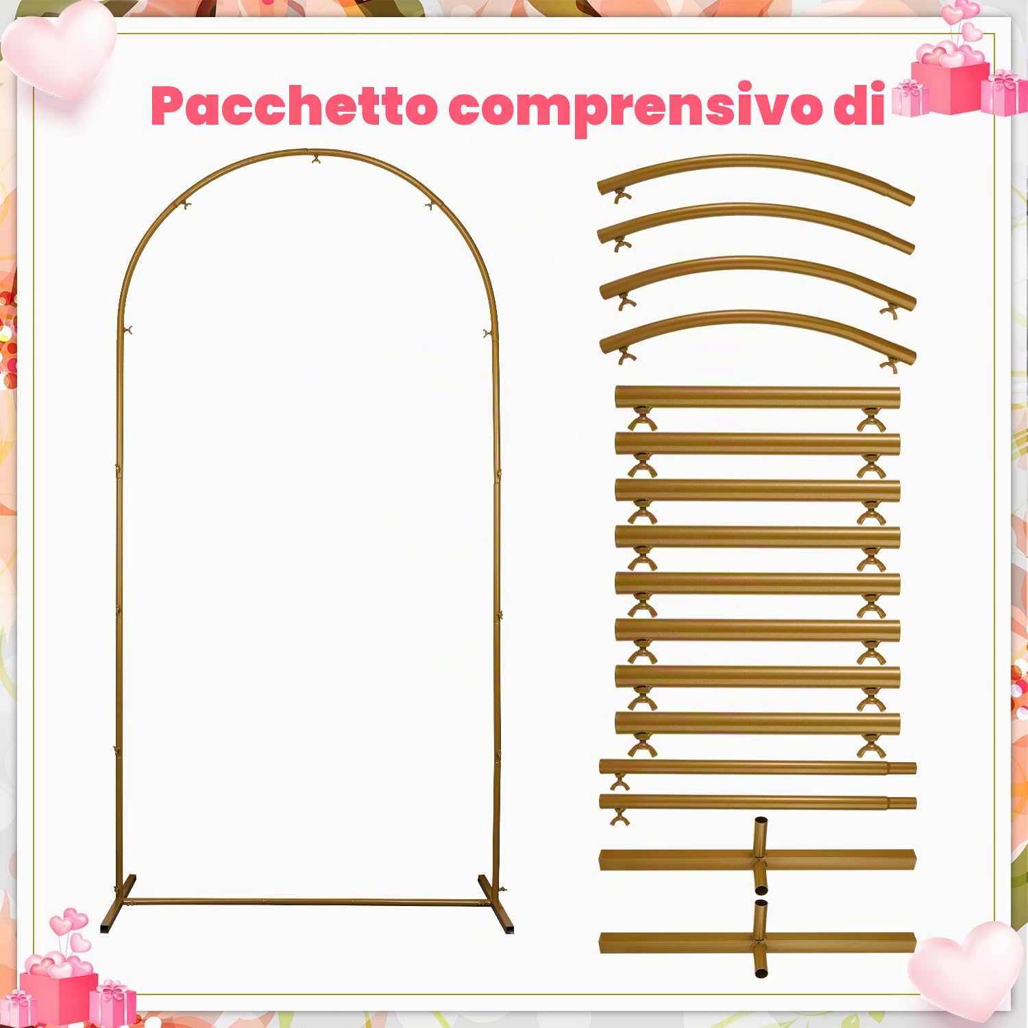 Arco Nuziale in Metallo, 2m Wedding Arch Frame Supporto per Arco Matrimonio Metallo Arco Porta Matrimonio per Cerimonia di Nozze Anniversario Festa di Compleanno Celebrazione