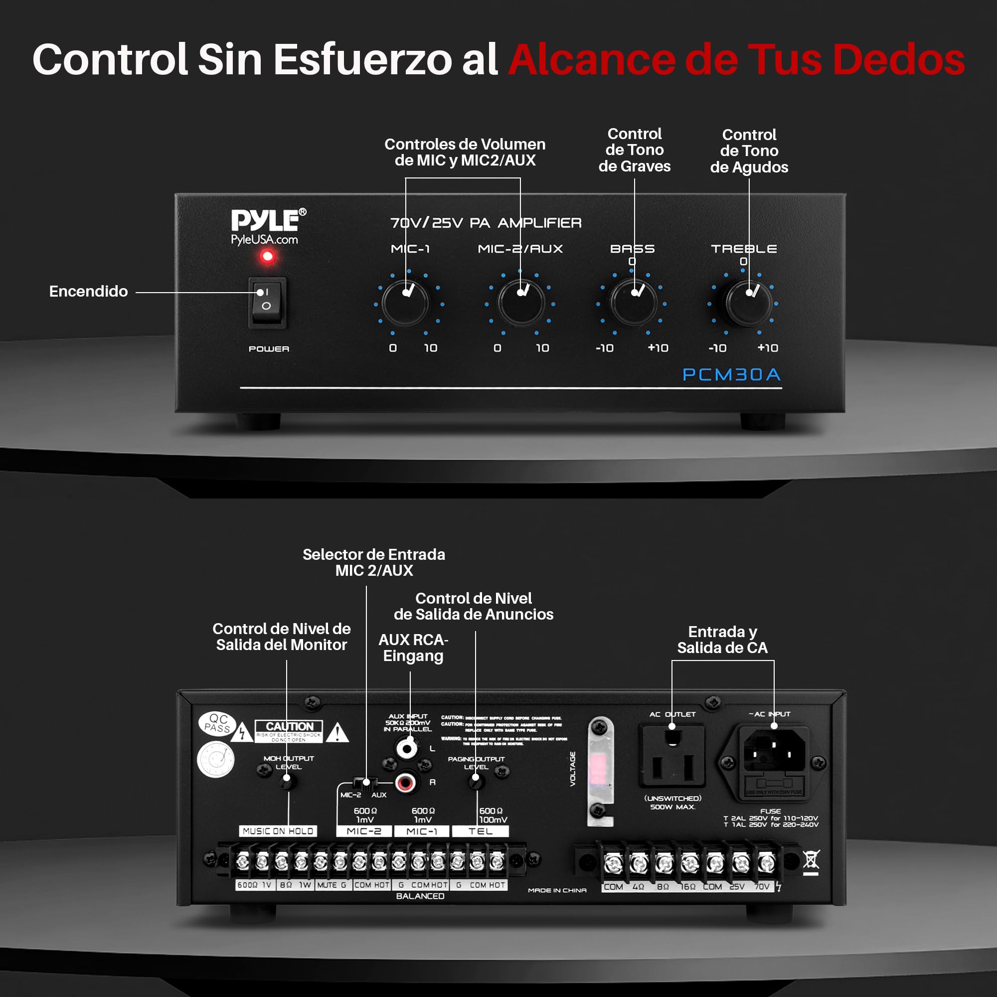 Pyle mini amplificador de potencia, Compacto, Estereo, Potencia maxima de 60V, RCA, 2 entradas de microfono, Salidas de 25/70 V, LED, Selector de entrada para PA