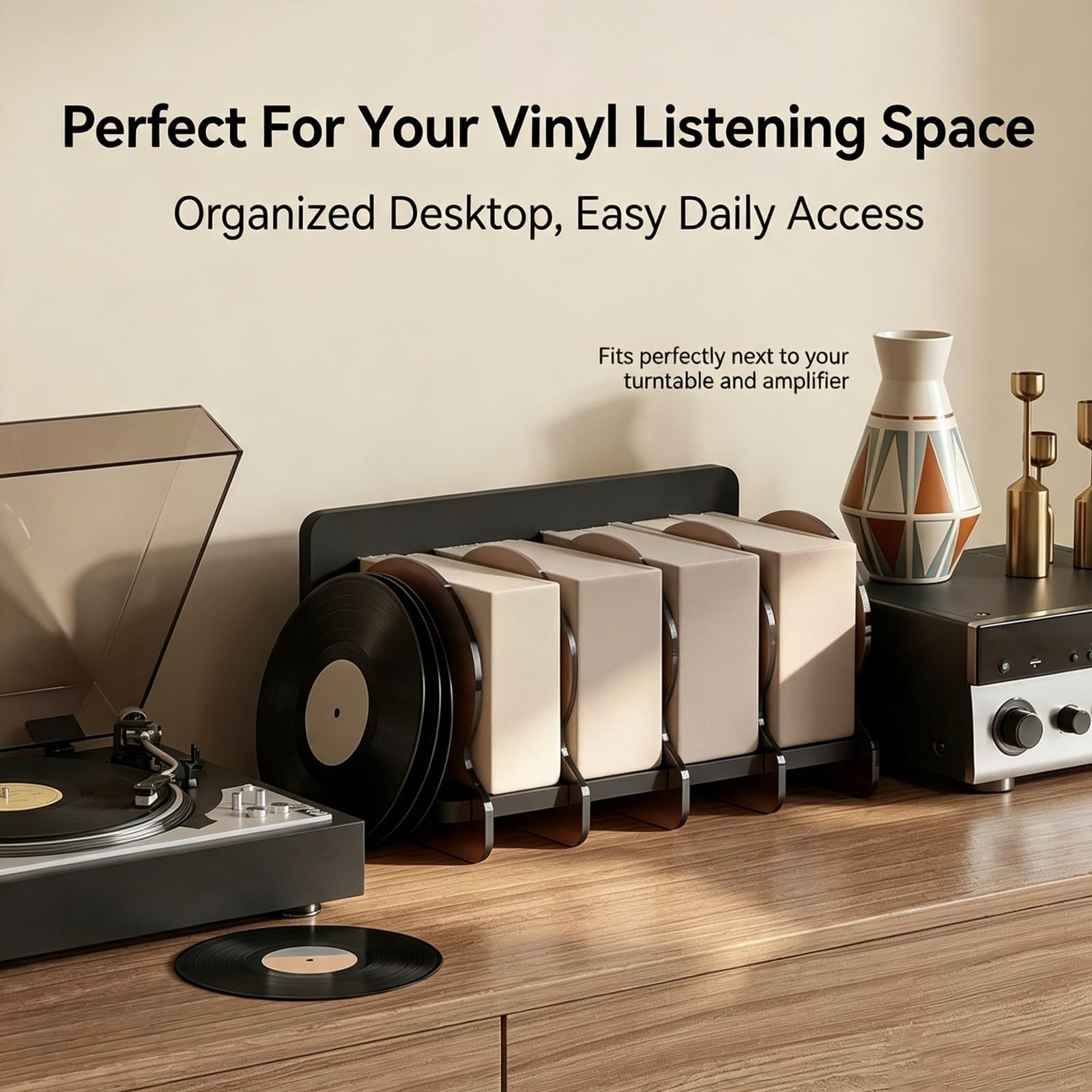 Estantería CD Vinilos 4 Compartimentos Organizador Mesa Librería Baja. | Estantería Madera Organizador Discos con Separadores Acrílicos Estante Multimedia Dormitorio.(Black)