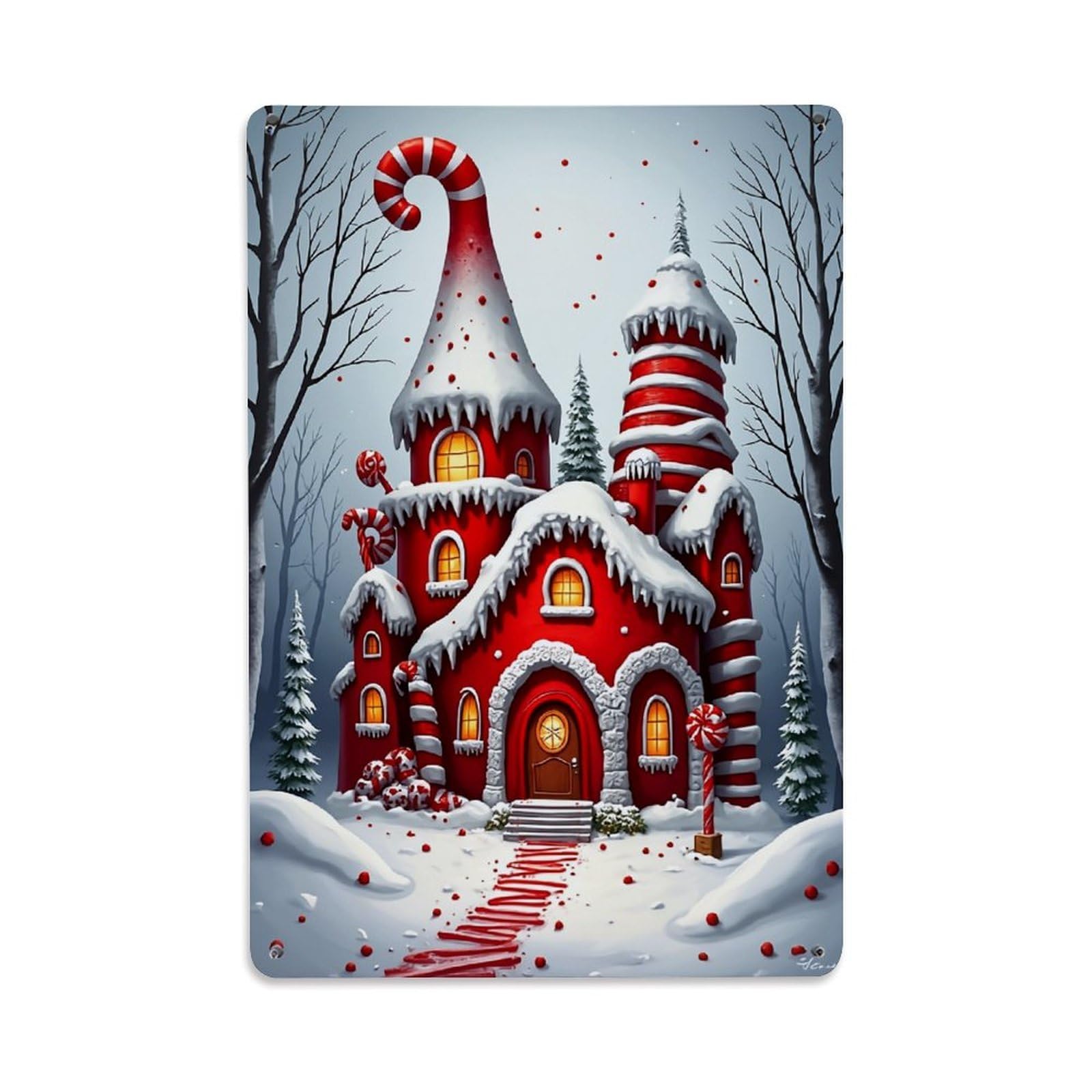 Candy Cane Castle Winter Scene Retro Metal Tin Sign, Vintage Decor Art Poster for Bar, Home, Man Cave, Kitchen, Laundry Room Gift 8x12Inch