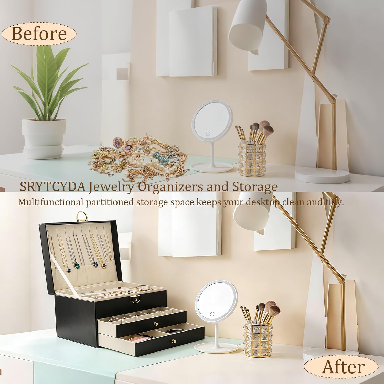 SRTCYDA Jewelry Box for Women, Large PU Leather jewelry organizers and storage, 3-Layer Jewelry Storage with 2 Drawers, Space-Saving Design for Vanity, Holds All Types of Jewelry (Black)