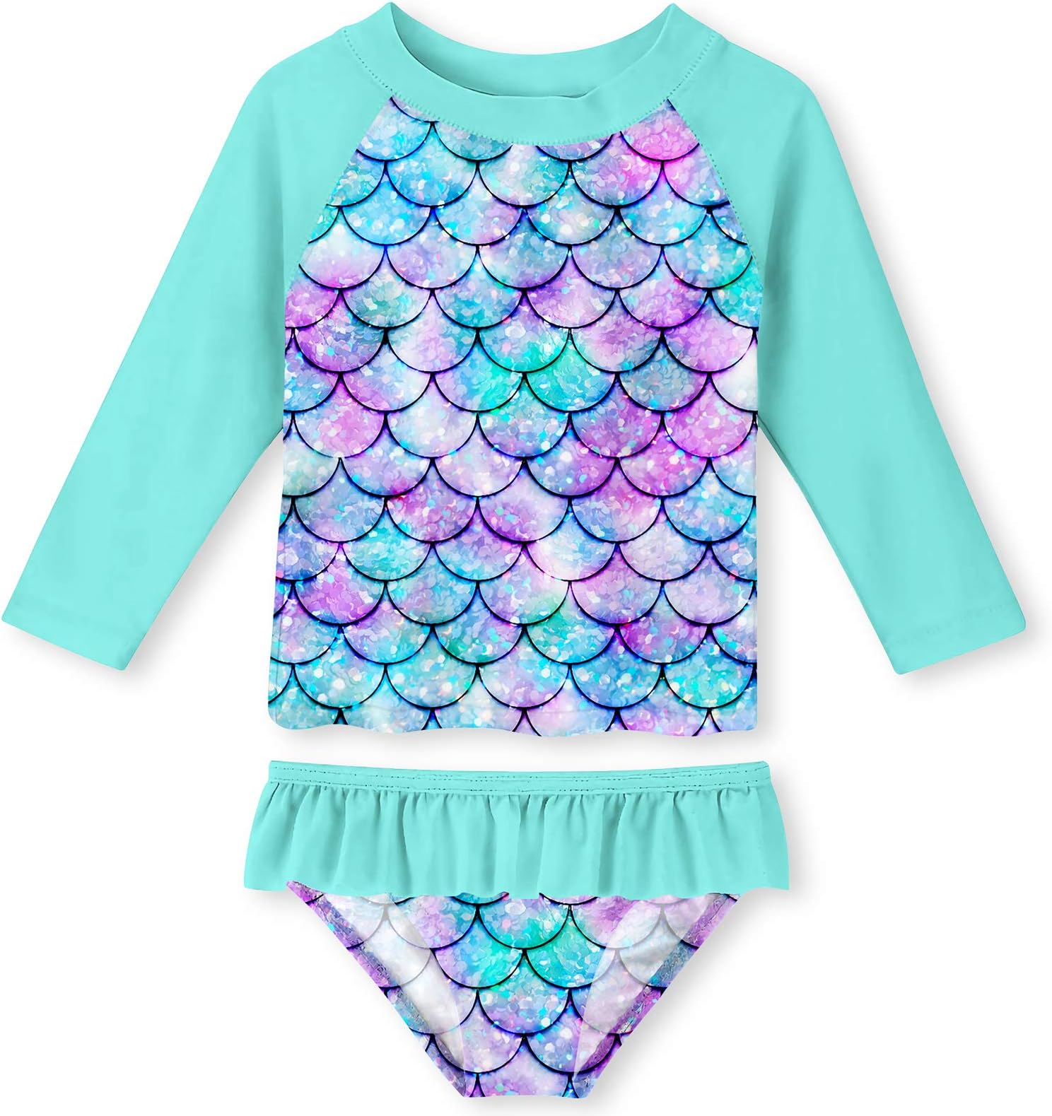 Funnycokid Big Girls' Mermaid Flounce Tankini Fish Scale Blue Rush Guard Beach Sport 2-Piece Swimsuit 7-8Y