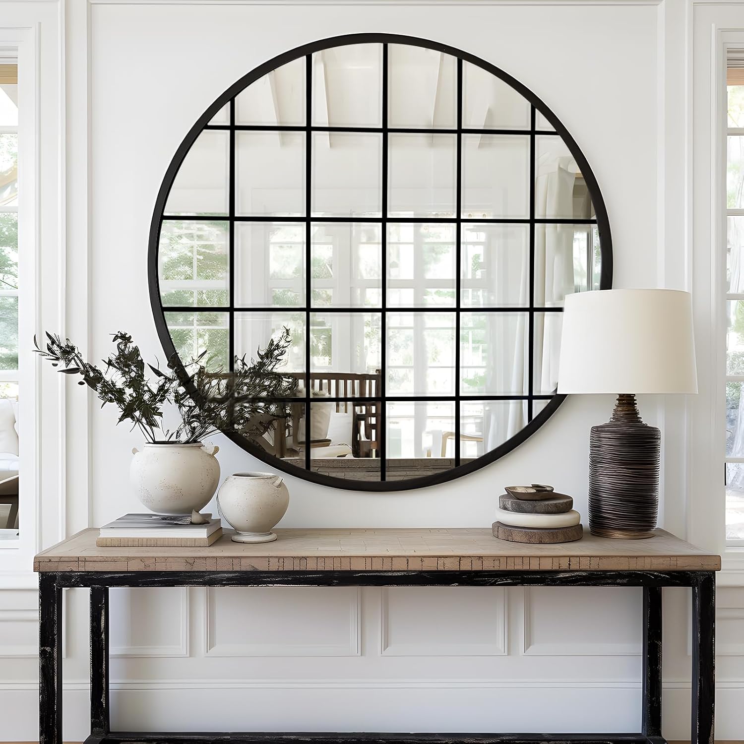 GLEAF 48 inch Round Grid Wall Mirror, Black Metal Frame Round Window Mirror, Window