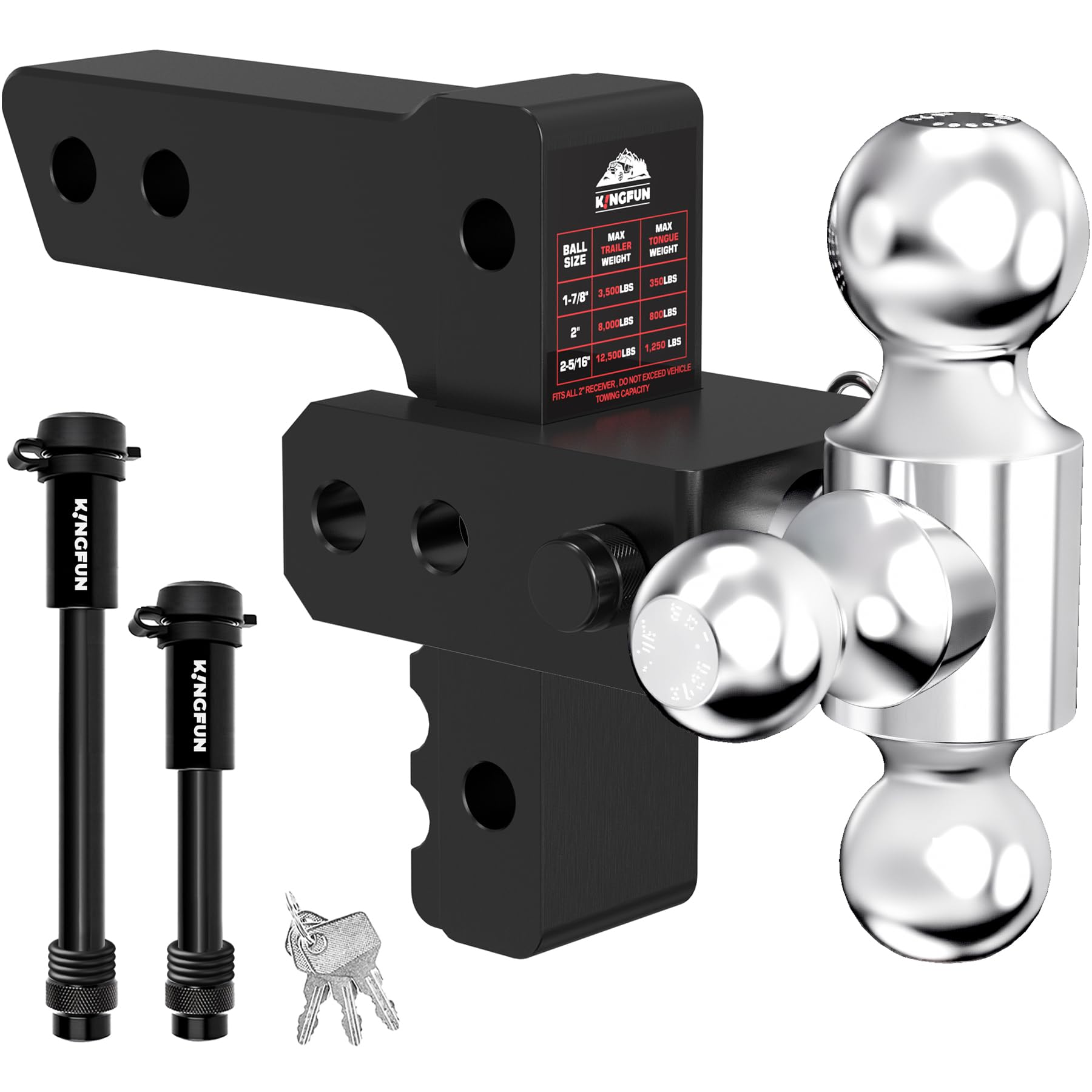 Photo 1 of Kingfun Adjustable Trailer Hitch - Drop Hitch Fits 2 Inch Receiver, Tri Ball (1-7/8", 2", 2-5/16") 6 Inch Drop/Rise, 12500 LBS GTW Aluminum Heavy Duty Tow Hitch with Anti-Theft Pin - (Black)