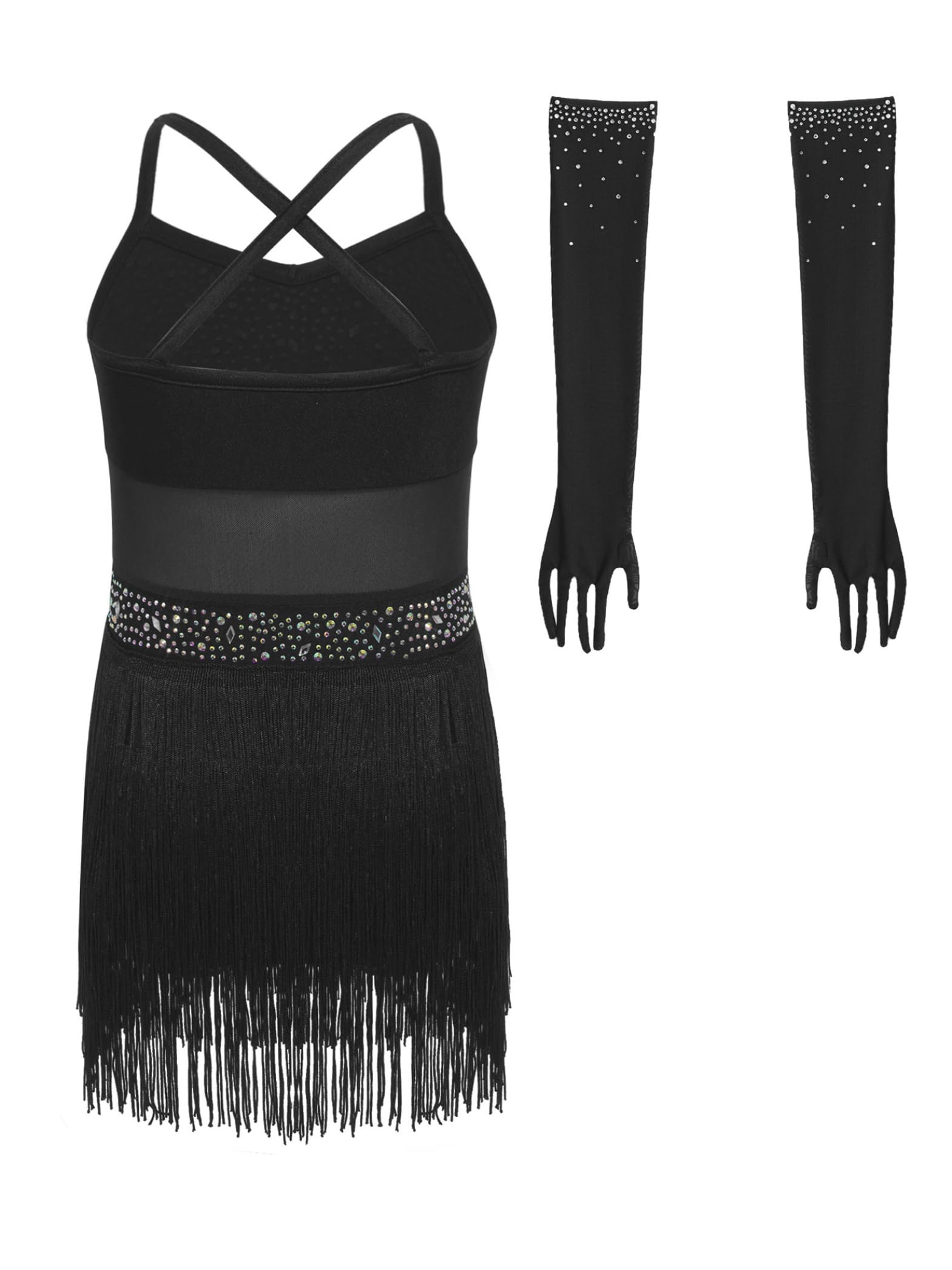 Vestido Baile Latino Niña con Brillo Vestido Charleston con Guantes con Franjilla Brillante Strass Traje Baile Moderno Cha Cha Salsa Y Jazz