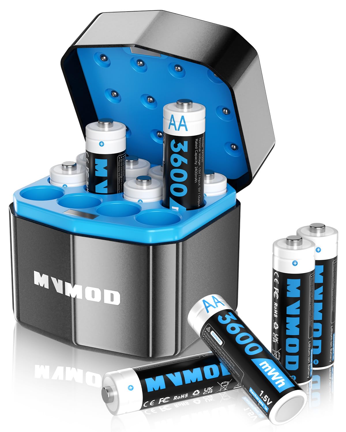Wiederaufladbare AA Akkus 12er-Pack mit Ladegerät, 1,5V 3600mWh AA Wiederaufladbare Lithium Batterien mit Integrierter Schnelles Aufladen Aufbewahrungsbox (2000 Zyklen) Schwarz