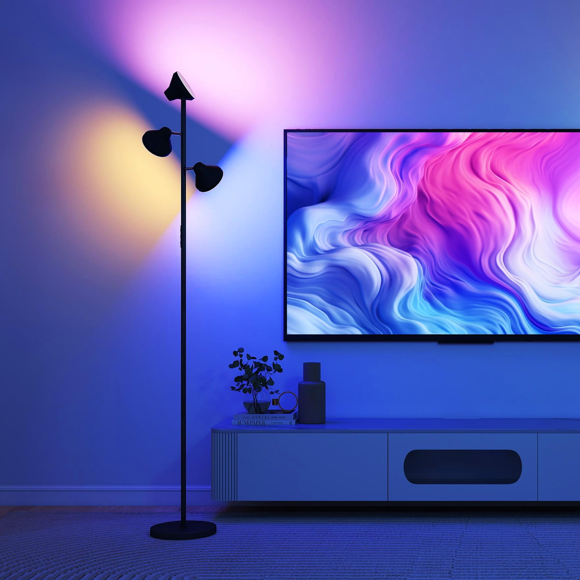HOMCOM Stehlampe Wohnzimmer Dimmbar mit Leselampe 4150lm 2700K–6000K | Stehleuchte RGB Farbwechsel, mit Fernbedienung, Touch-Steuerung, 3 Drehbare Köpfe, Standleuchte für Schlafzimmer