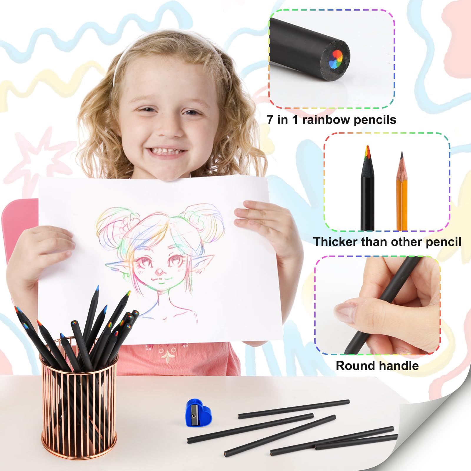 kayqbonke Pack of 16 Rainbow Pencils, 7 in 1 Rainbow Pencils Children, Thick Rainbow Colouring Pencils - Image 3