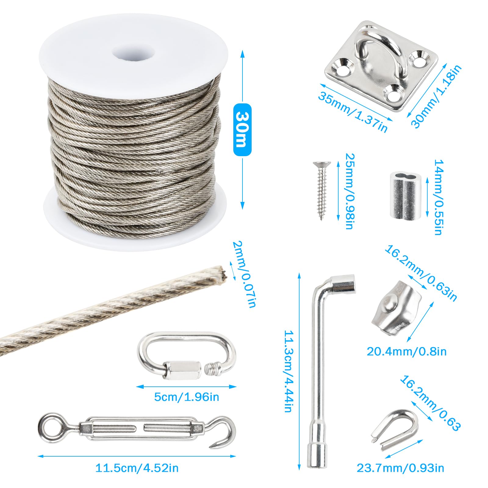 70 Pcs Kit 30m Cable Acero Plastificado 2mm 7x7 con 4 Tensores de Alambre, 20 Presillas, 10 Abrazaderas, 10 Guardacabos, 4 Ganchos y 4 Mosquetones, Cuerda para Tender Ropa Exterior Jardín (2mm)