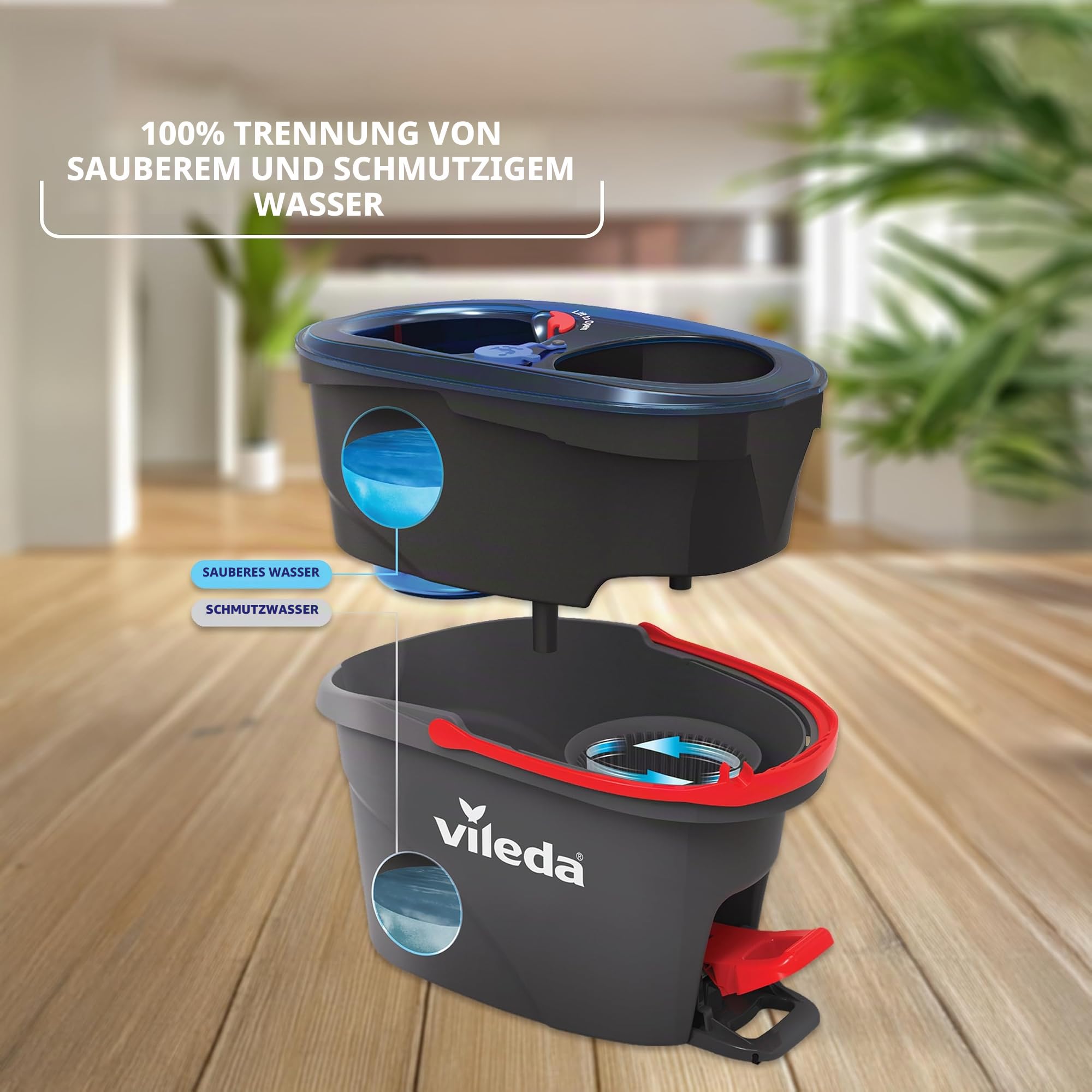 Vileda H2PrO Wischmopp Set mit Eimer| 100% Trennung von Frisch- und Schmutzwasser | Innovatives Zweitanksystem mit Auswringfunktion | Müheloses Auswringen | Mikrofaserreinigung | Ergonomisches Design
