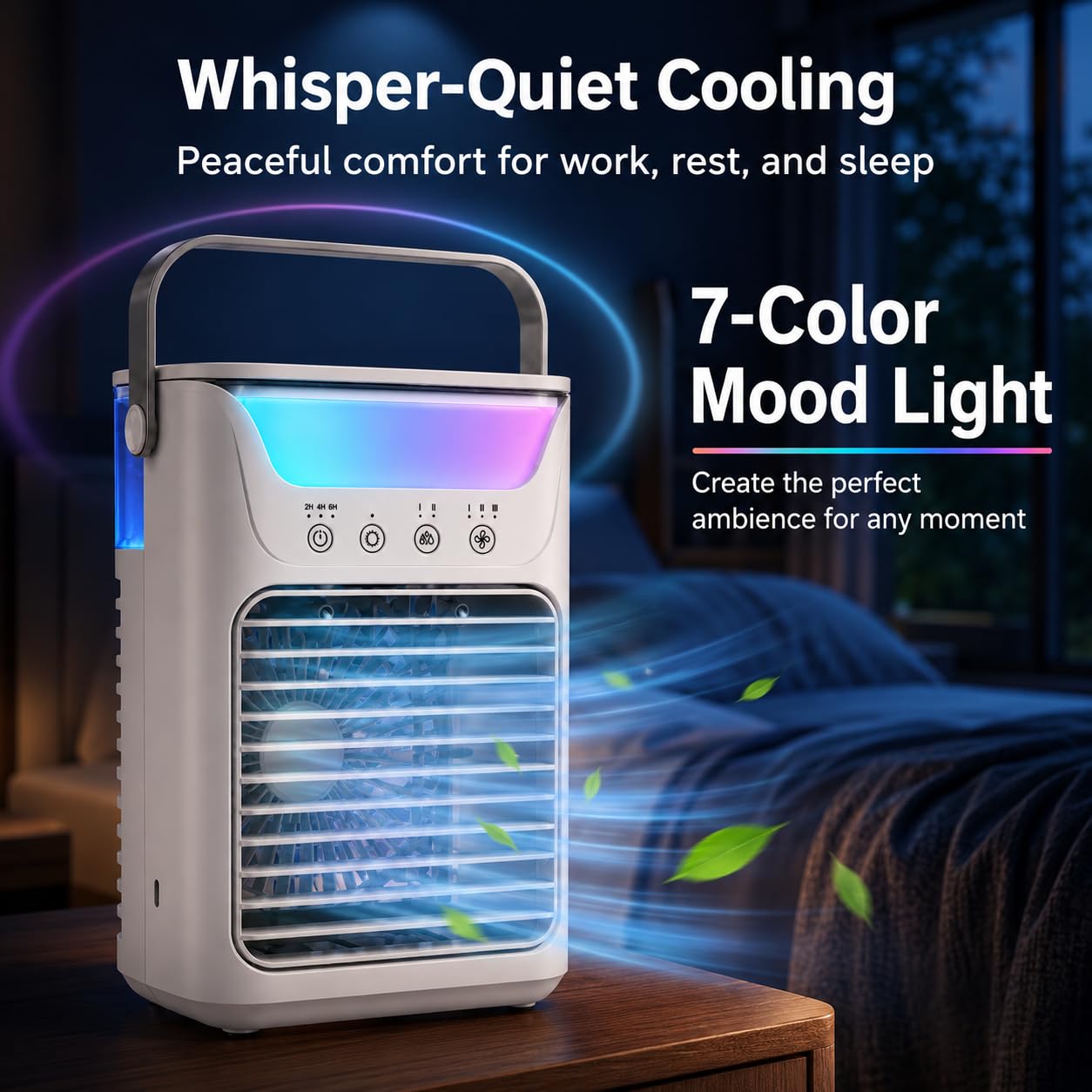 Aire acondicionado portátil, ventilador de hielo portátil 4 en 1 actualizado 2026 con 3 velocidades y 2 niebla fría ultrasilencioso, 3 temporizadores y 7 luces, ventilador evaporativo para habitación