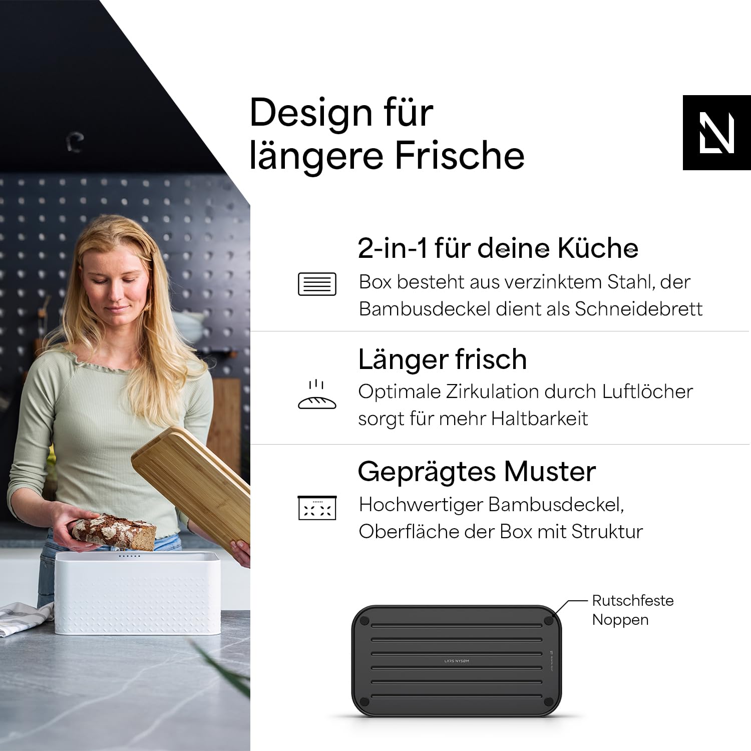 LARS NYSØM Brotkasten aus Metall I Brotbox für langanhaltende Frische mit rutschfesten Noppen I Brotdose mit hochwertigem Bambusdeckel verwendbar als Schneidebrett I 34x19x16cm (Carbon Black)