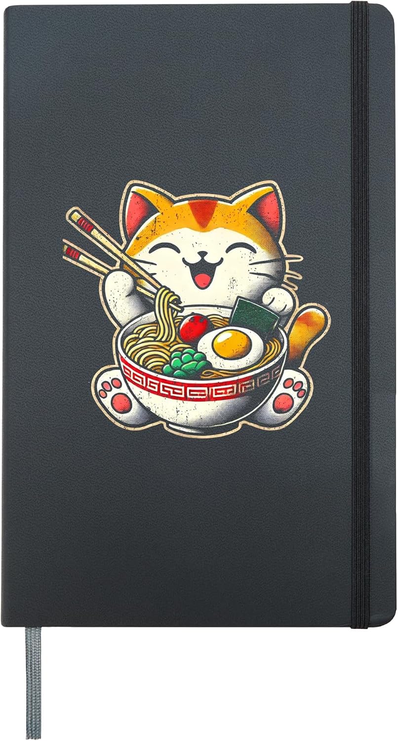 Anime Cat Ramen Japanese Funny Graphic Tees Kawaii Cat Anime Hardcover Journal, Black