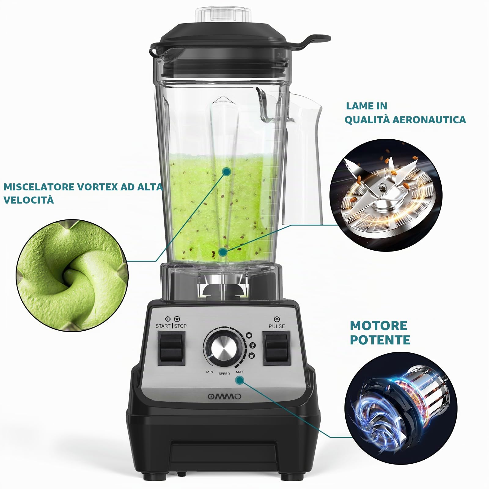 OMMO Professionale Frullatore 1800W, 1.8L Frullatore per Frullati e Smoothie, 1 Bottiglie Sportive da 300 ml, Regolazione libera della velocità, Lavabile in lavastoviglie, 24000 giri/min, senza BPA