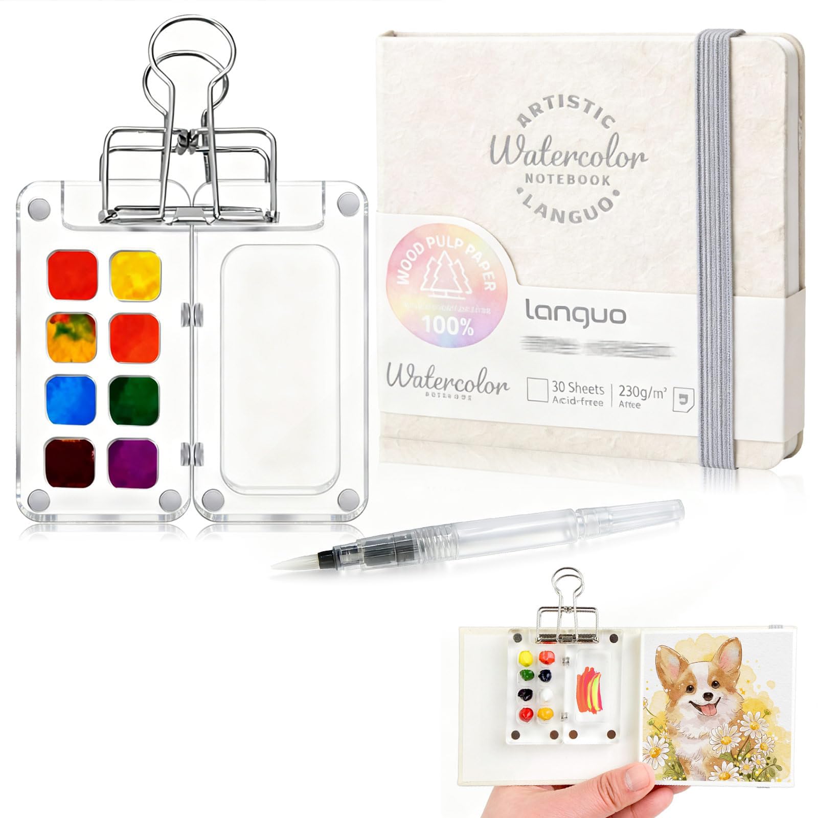 Mini Watercolor Paint Sets Portable, Travel Paint kit,Paint Palette Travel Kit Set, Watercolor Pens, Sketchbook, Binder Clips, Acrylic Paint Box, Watercolor Set for Painters Artists Student-image-15
