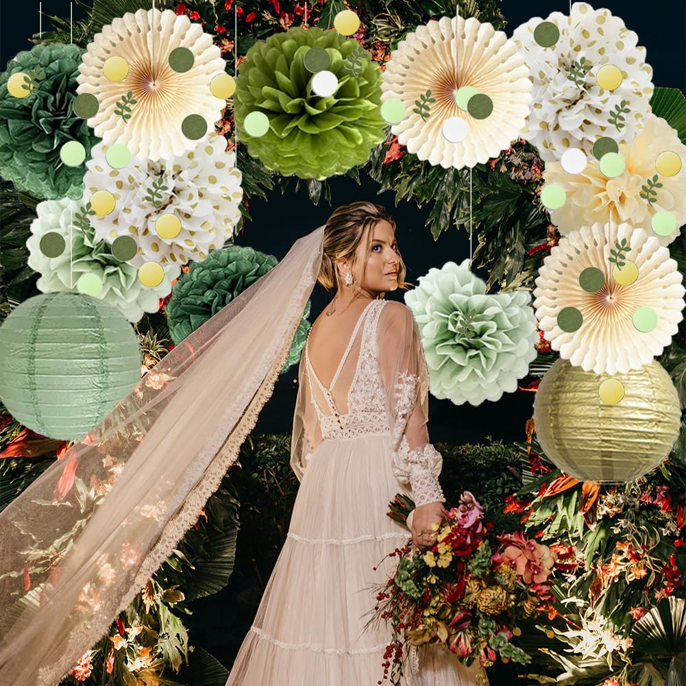 Olive Sage Green Paper Pom Poms Paper Decorations Olive Sage Green Party Decorations Paper Lanterns Sage Gold Confetti Dots Scatter Table Decorations for Baby Shower Wedding Bridal Shower Party Decor