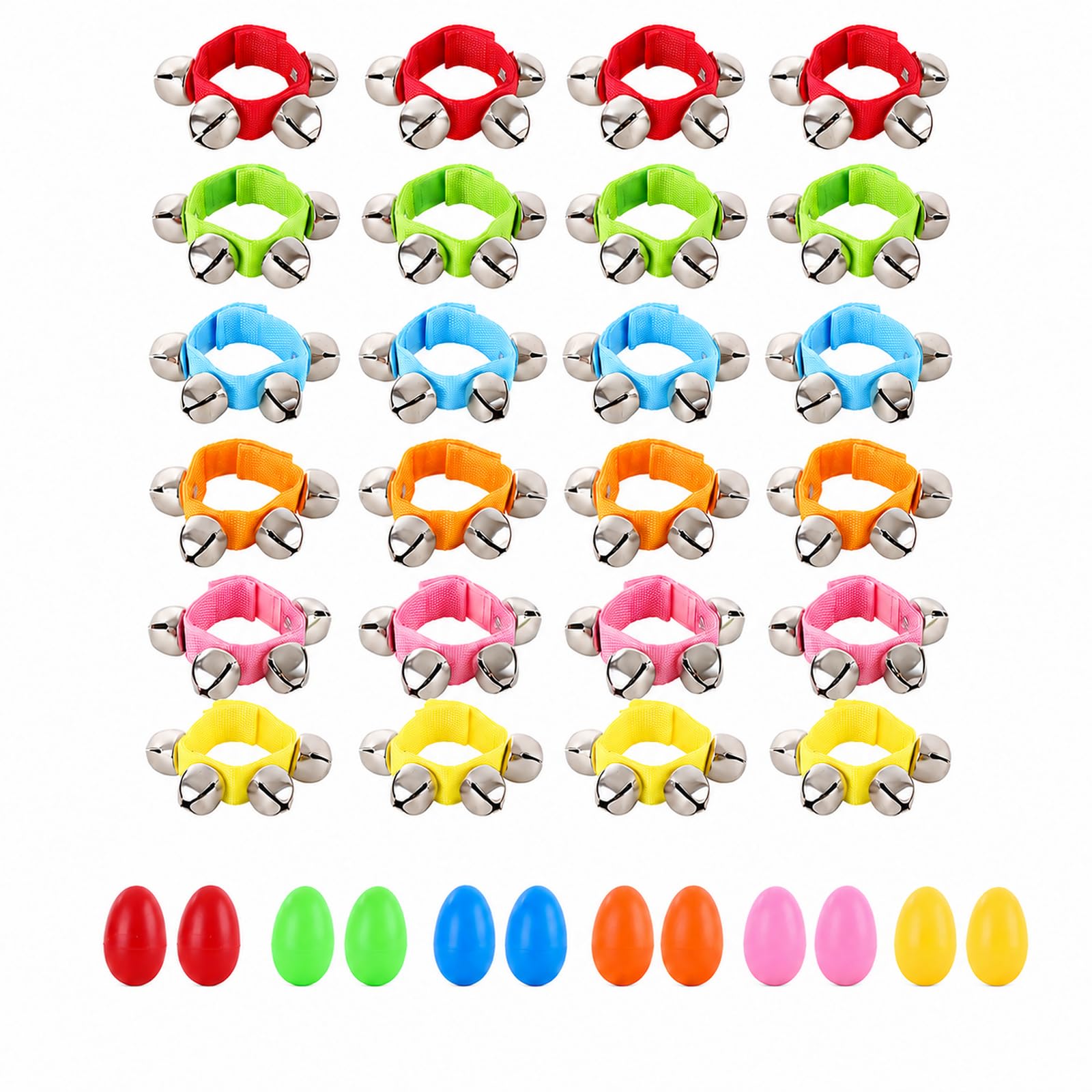 Confezione da 48 campanellini da polso, 6 colori | Campane da polso con scuotitore per uova, campane musicali alla caviglia, strumento a percussione per strumenti ritmici