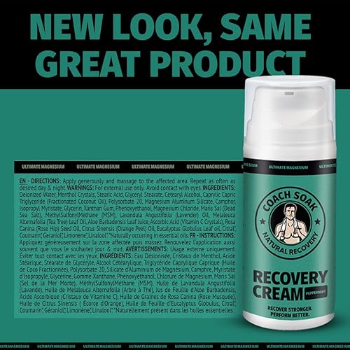 Miniatura 8 de Coach Soak Crema de magnesio con MSM en botella dispensadora, crema de recuperación natural con cloruro de magnesio y mentol, absorción rápida para