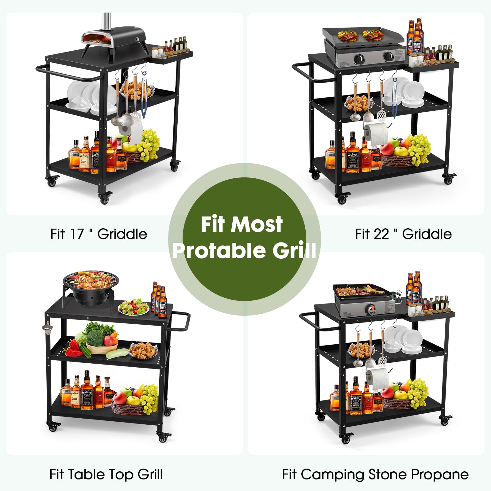 Mesa de carrito de parrilla para exteriores, mesa de horno de pizza para interiores y exteriores, con 4 ruedas móviles de bloqueo total, ganchos, mango lateral multifuncional (negro) 3