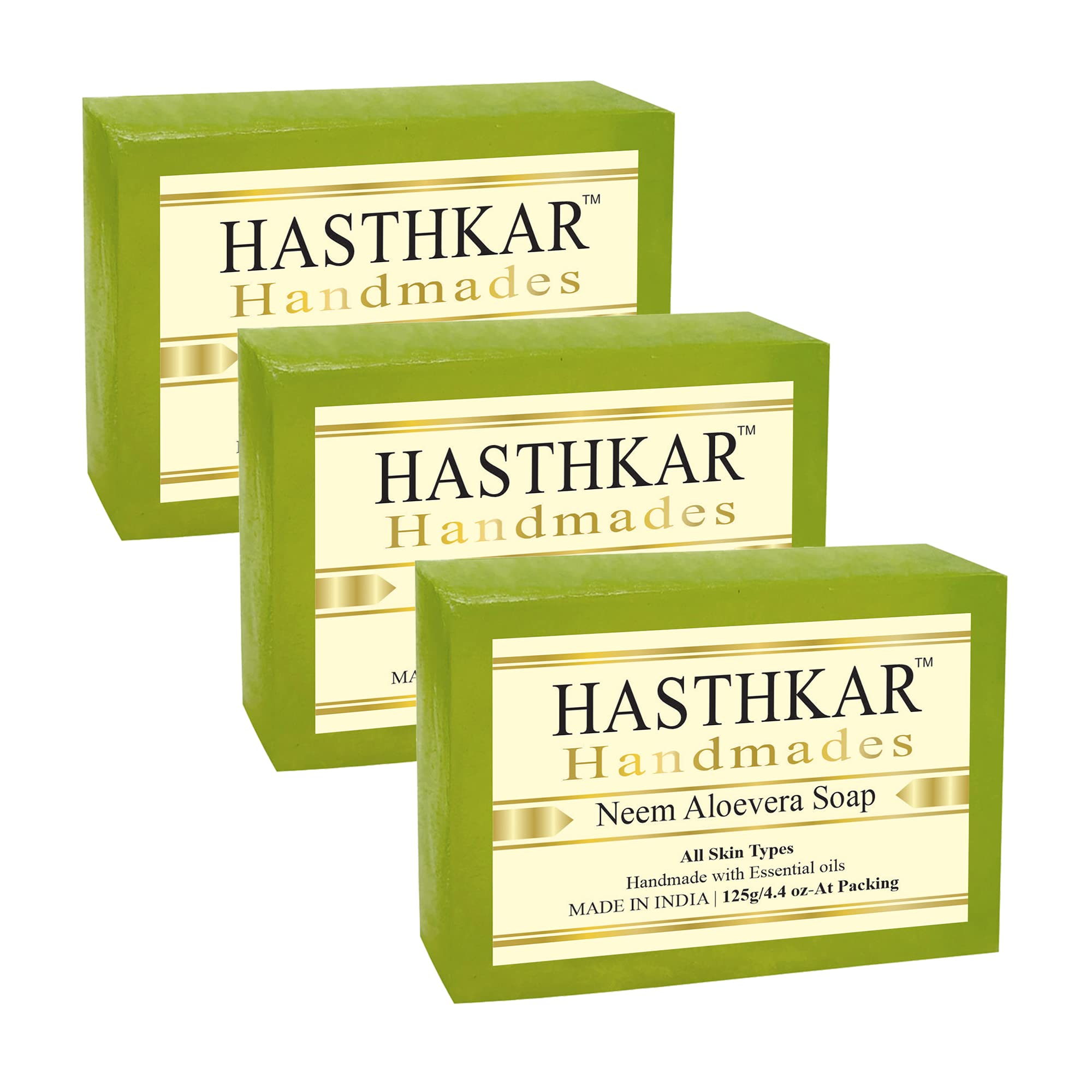 Hasthkar Handmades Neem Aloevera Soap 125gm (Pack of 3) | Natural Herbal Handmade Bar with Essential Oils | For All Skin Types | For Men and Women