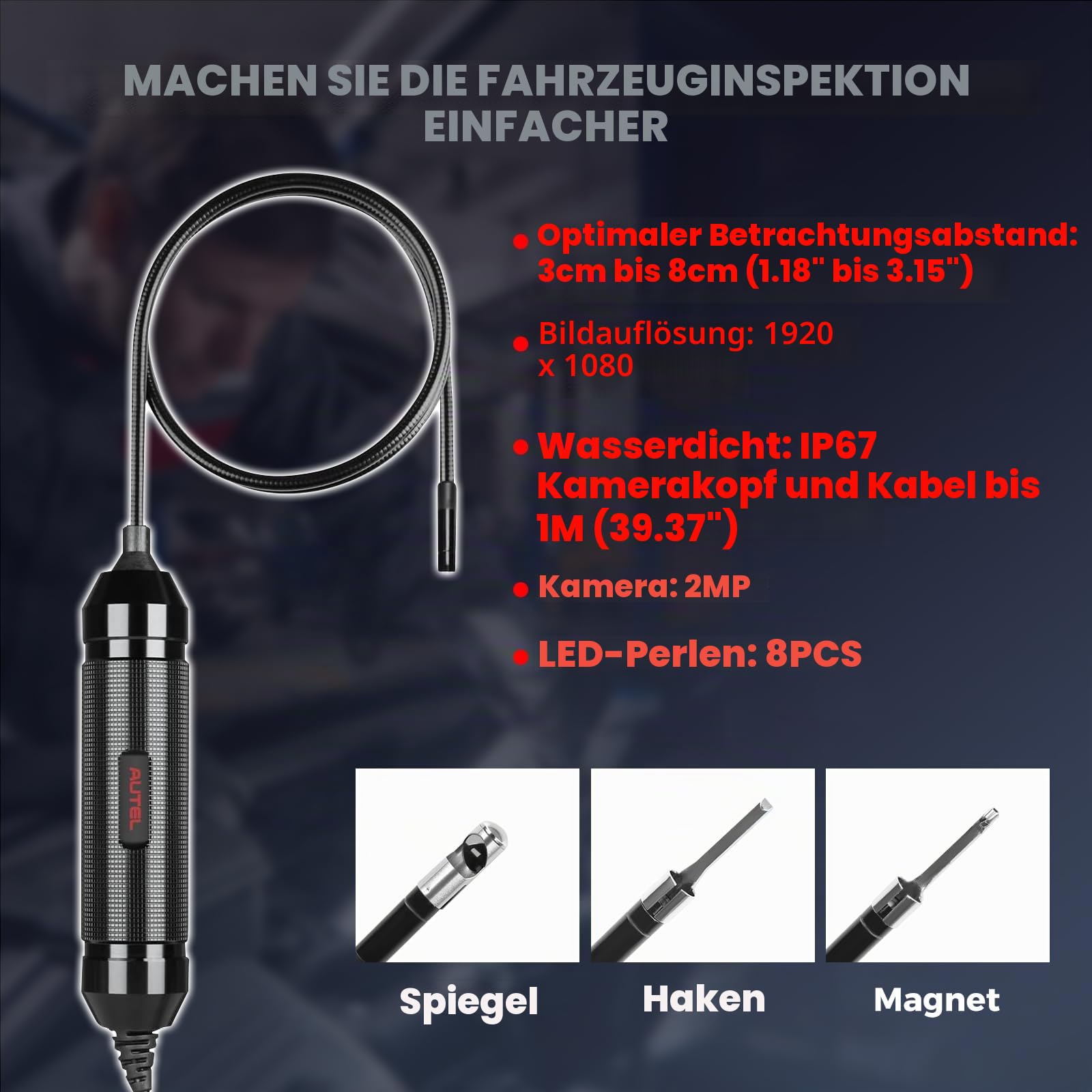 Autel MaxiVideo MV108S Digitale Inspektionskamera, 2026 Aktualisiert von MV108 MV105S, 8,5mm USB Endoskopkamera, IP67 Wasserdicht, 1920P HD Rohrkamera, 1M Flexible Kabel für Autel Kfz Werkzeug & PCs