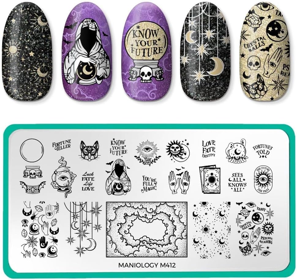 Maniology Fortune Teller Nail Stamping Plate, Psychic Mystical Tarot Manicure Designs, Crystal Ball Stamp Plates, Witchery Halloween Theme Patterns