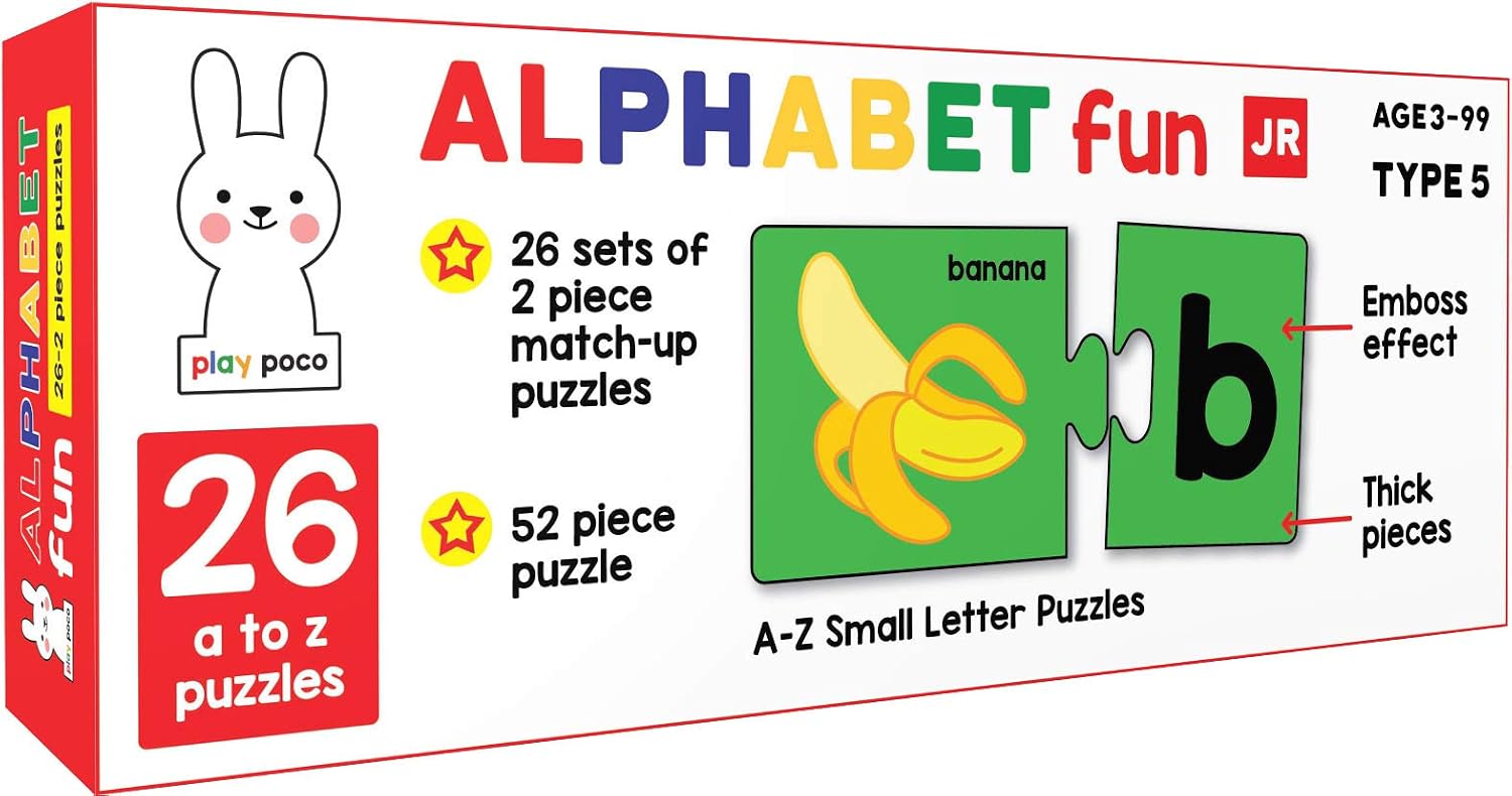 Play Poco Alphabet Fun Type 5 (Small Letters) - 52 Piece Alphabet Matching Puzzle - 7 Different Ways to Play and Learn - Includes 52 Thick Puzzle Cards with Beautiful Illustrations