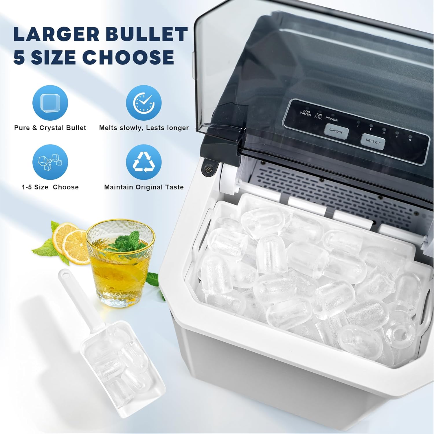 iceBlue 5 Levels of Bullet Ice Sizes Countertop Ice Maker with Handle, 9 Ice Cubes Ready in 9 Mins Ice Machine, 26.5lbs Per Day Stainless Ice Makers Countertop with Basket & Scoop for Home and Kitchen