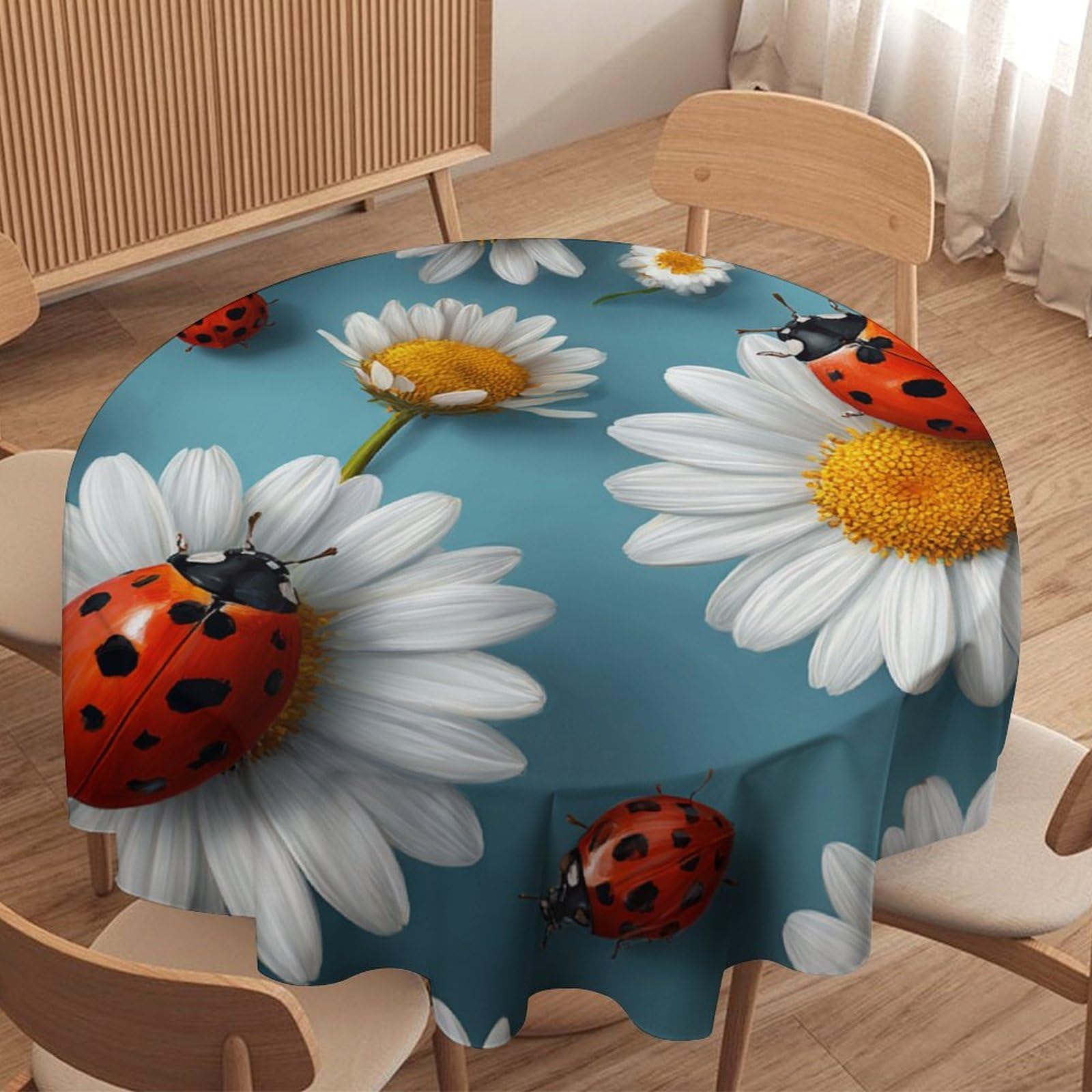 LUYYSKY Classic Cute Daisies Flowers Round Tablecloth Abstract Oil Painting Animal Ladybugs White Daisies Floral Washable Decor for Table Cover for Kitchen-127 Wx127 L cm
