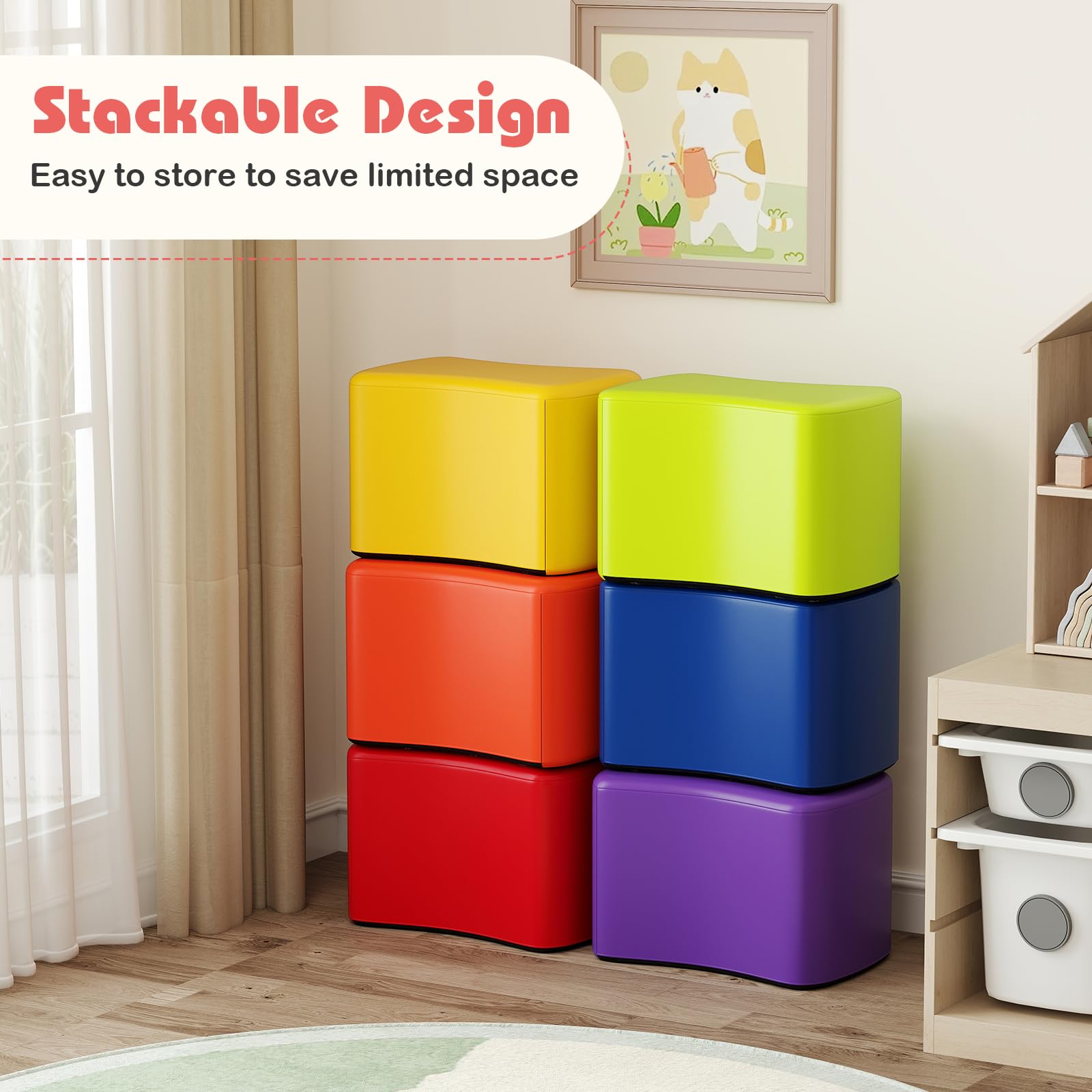 FANTASK 6er Set Sitzhocker, Kinderhocker aus Schaumstoff stapelbar, bunter Schmetterlingshocker, Kinderstuhl für Kinderzimmer, Kindergarten