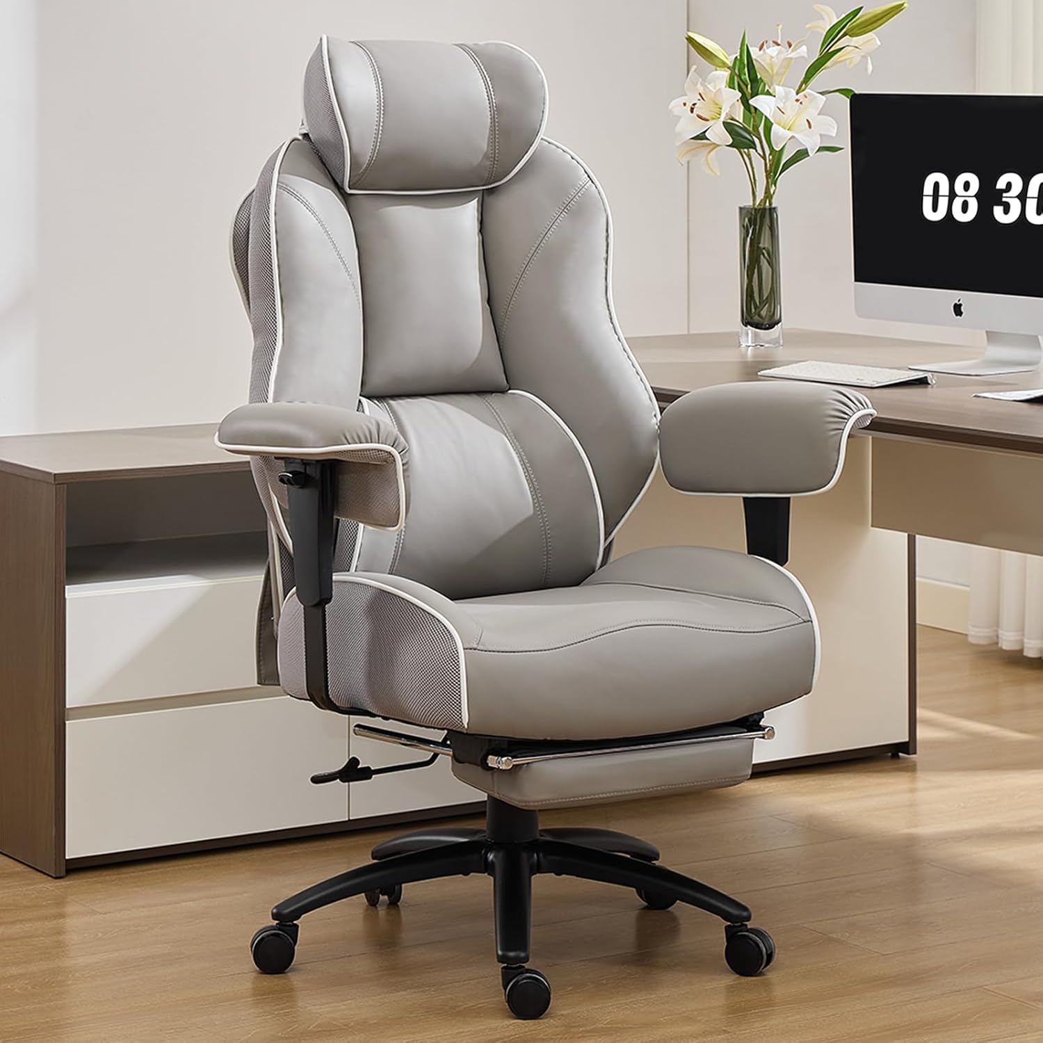 DJ·Wang Big and Tall Office Chair with Foot Rest, High Back Executive Office Chair PU Leather, Ergonomic Chairs with Lumbar Support, 135° Reclining Chairs with Thickened Spring Cushion Gray