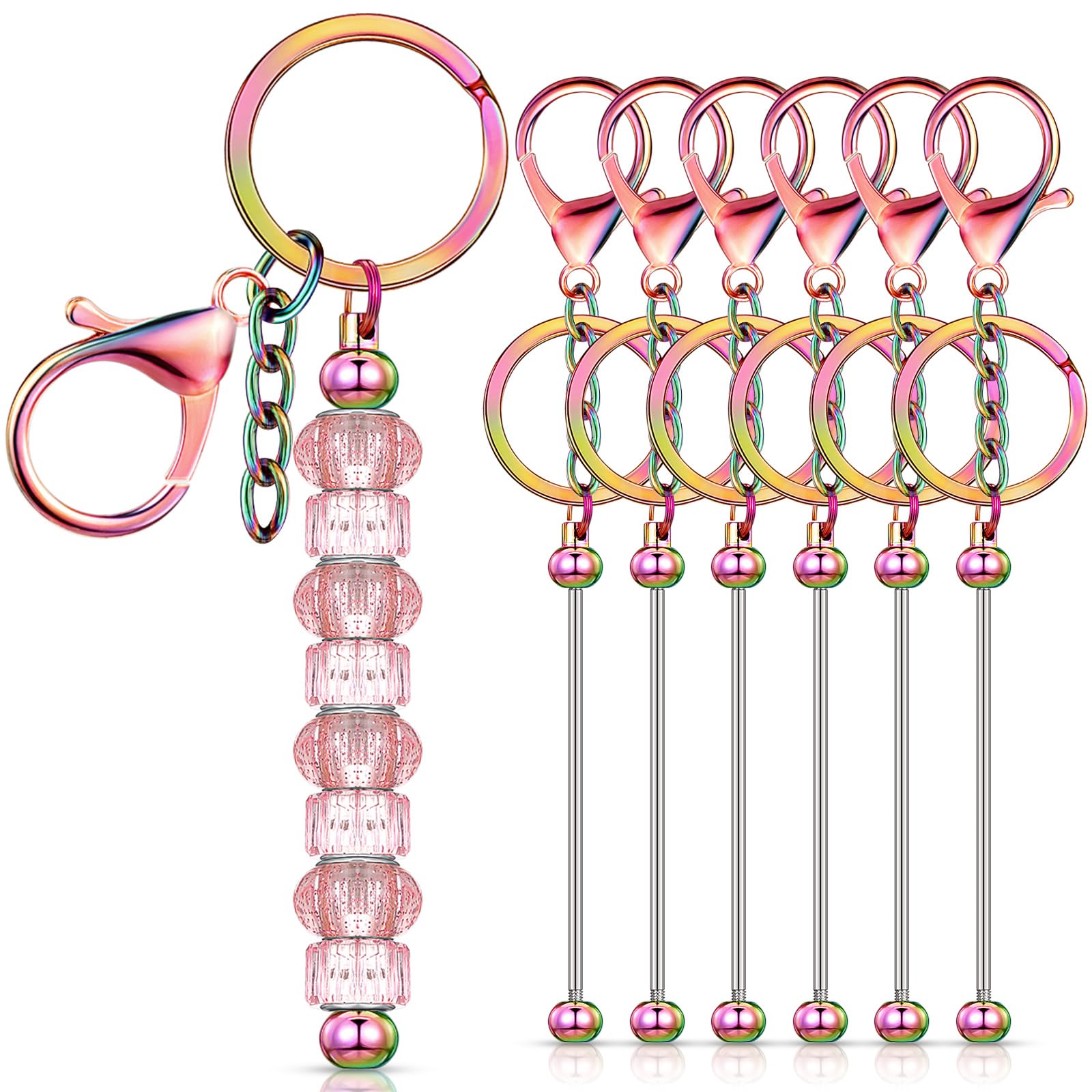 Huwena6 Pcs Beadable Keychain Bars Blanks Bead Keychain Metal for Pendant DIY Crafts Jewelry Making Gift