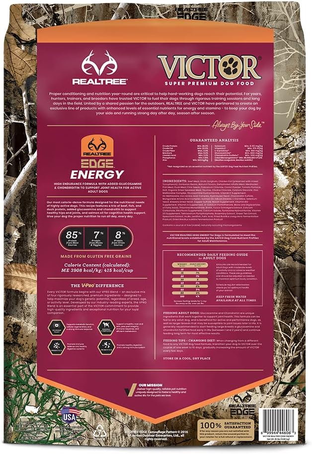 VICTOR Super Premium Dog Food – Realtree Edge Energy Dry Food for Highly Active Dogs – 28% Protein, 22% Fat – Gluten Free Kibble with Glucosamine and Chondroitin for Hip and Joint Health, 15 lb