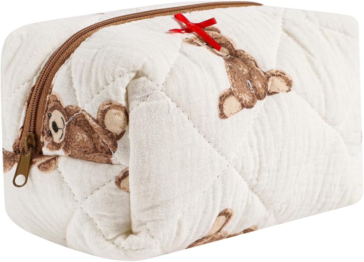 Cute Small Floral Cotton Makeup Bag, Quilted Zipper Pouch with Coquette Bear for Women and Girls, Kawaii Travel Cosmetic Bags for Purse(01Little Bear) - Image 3