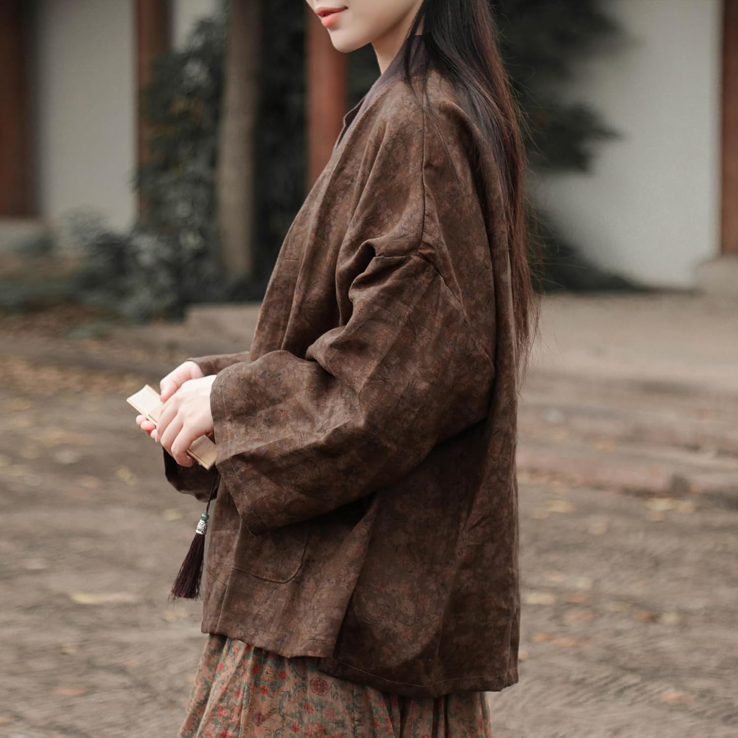 Women's Printed 100% linen Kimono Style Long Sleeve Loose Fit Jacket Cardigan with Tie Belt and Wrap Front Design - Image 3