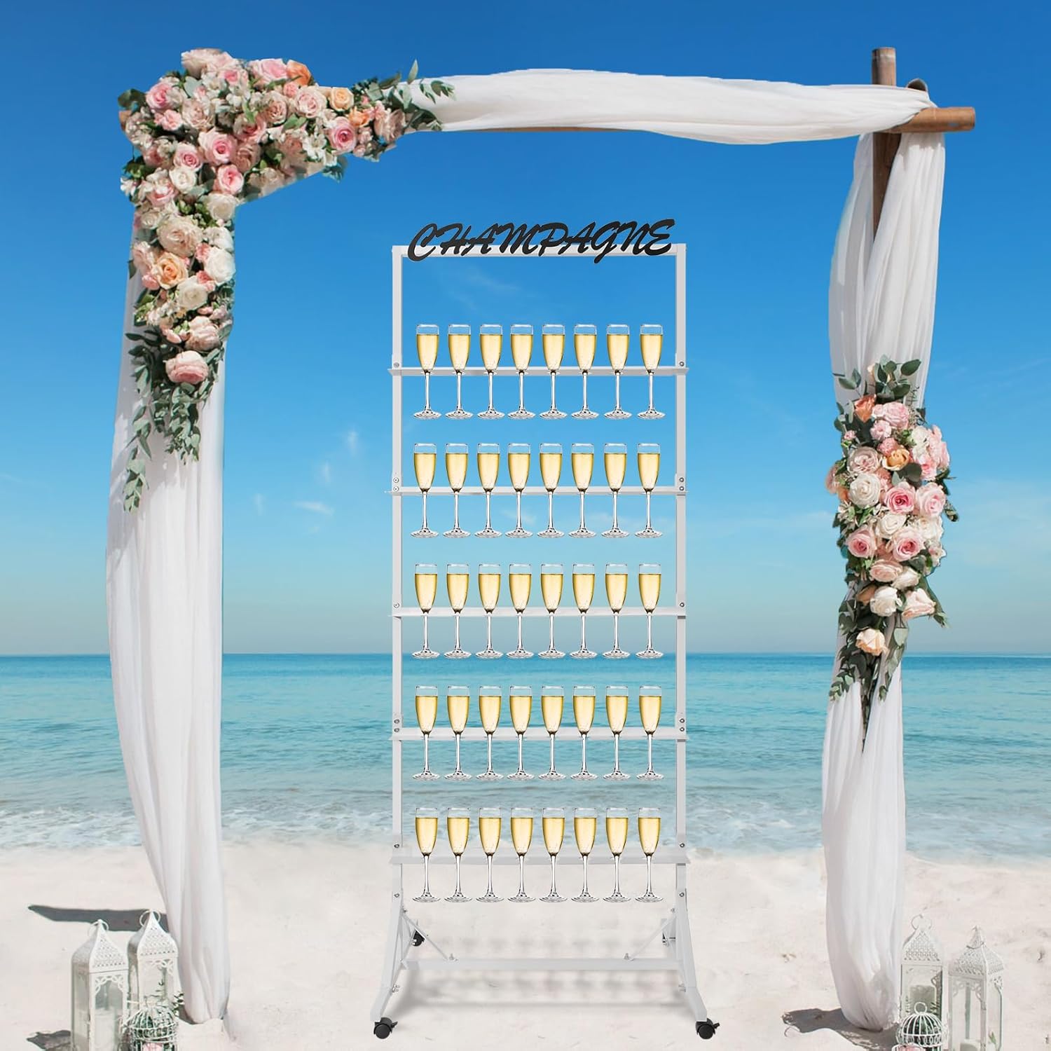 Champagne Wall Holder for Party - 40 Glasses Metal Champagne Display Stand 5-Tier Champagne Rack Shelf with Swivel Casters for Wedding Bar Decor (White)