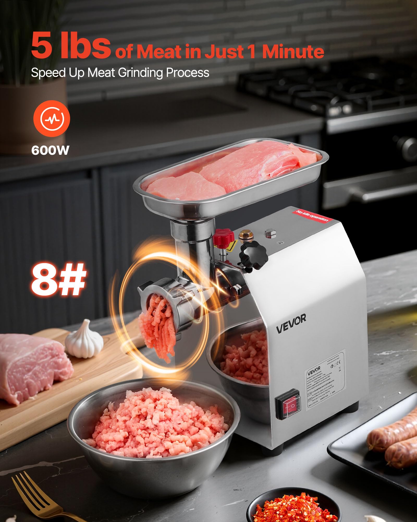 VEVOR Tritacarne Elettrico Capacità 2,04 kg/min, Tritacarne da Tavolo da 600 W con Lama Piastra di Macinazione, Macchina per Salsicce Commerciale in Acciaio Inox per Cucina Ristorante Hotel
