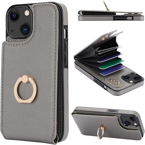 Folosu Compatible con iPhone 13 Funda cartera con tarjetero con rotación de 360, soporte de anillo de dedo con función atril, bloqueo RFID, piel
