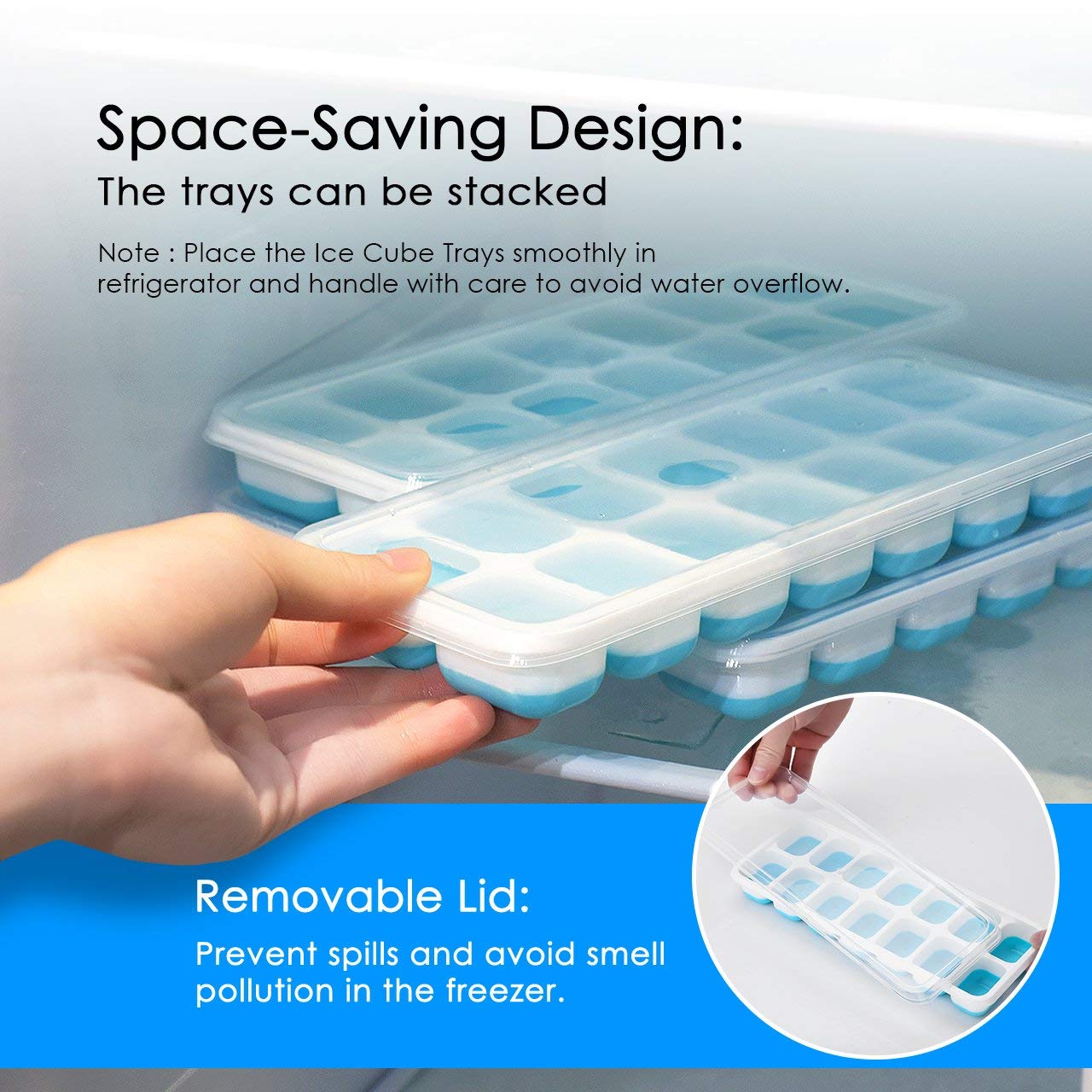 U Chef Ice Cube Molds with Lids, Set of 4 Flexible Silicone Easy Release Trays with Spill Resistant Removable Lid, Stackable Ice Trays — Amazon image 4