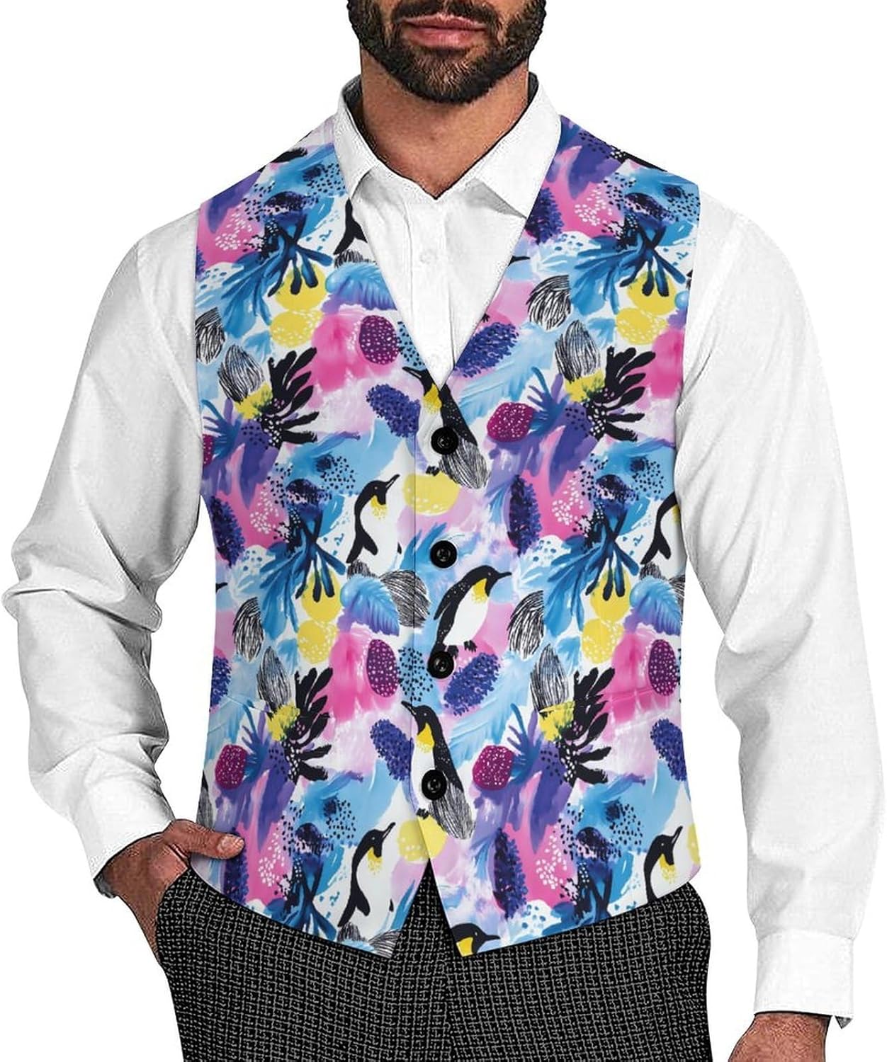 Watercolor Peguins Colorful Mens Dress Vests Slim Fit Business Suit Vest Lightweight Waistcoat with Pockets