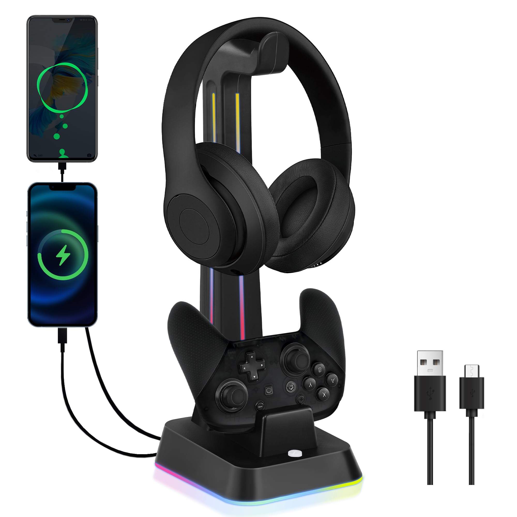 JDGPOKOO Controller Charger with RGB Headphone Stand Compatible with Nintendo Switch Pro Controller, Charging Dock for Switch Pro Controller with 2 USB Ports, Headphone and Controller Stand, Black