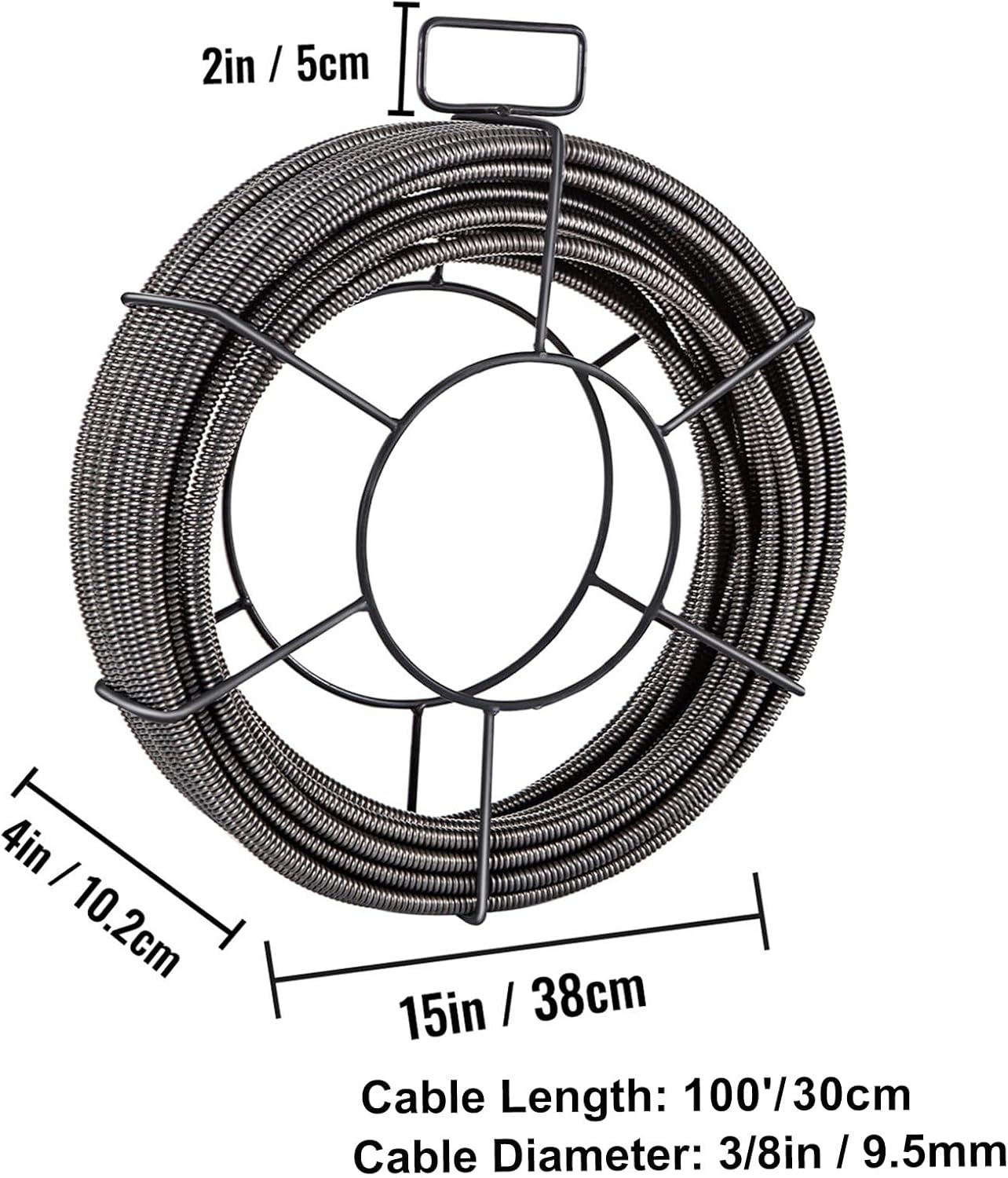 Happybuy Drain Cleaning Cable 100FT x 3/8 Inch, Solid Core Steel Sewer Auger with 4 Cutters, Ideal for 2" to 4" Pipes, for Sink, Floor Drain, Toilet Cleaning