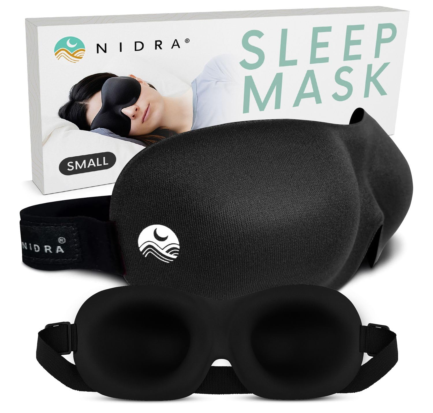 NidraContoured Sleep Mask for Side Sleepers – Zero Pressure Fit, Light Blocking Eye Shade for Sleeping & Travel – Black, Small Size