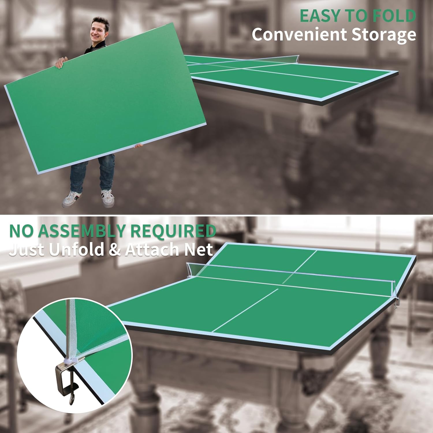 7/8/9Ft Mid-Size Ping Pong Conversion Top, Foldable & Portable Table Tennis Table Top with Net, No Assembly Needed, Indoor/Outdoor Table Tennis Surface